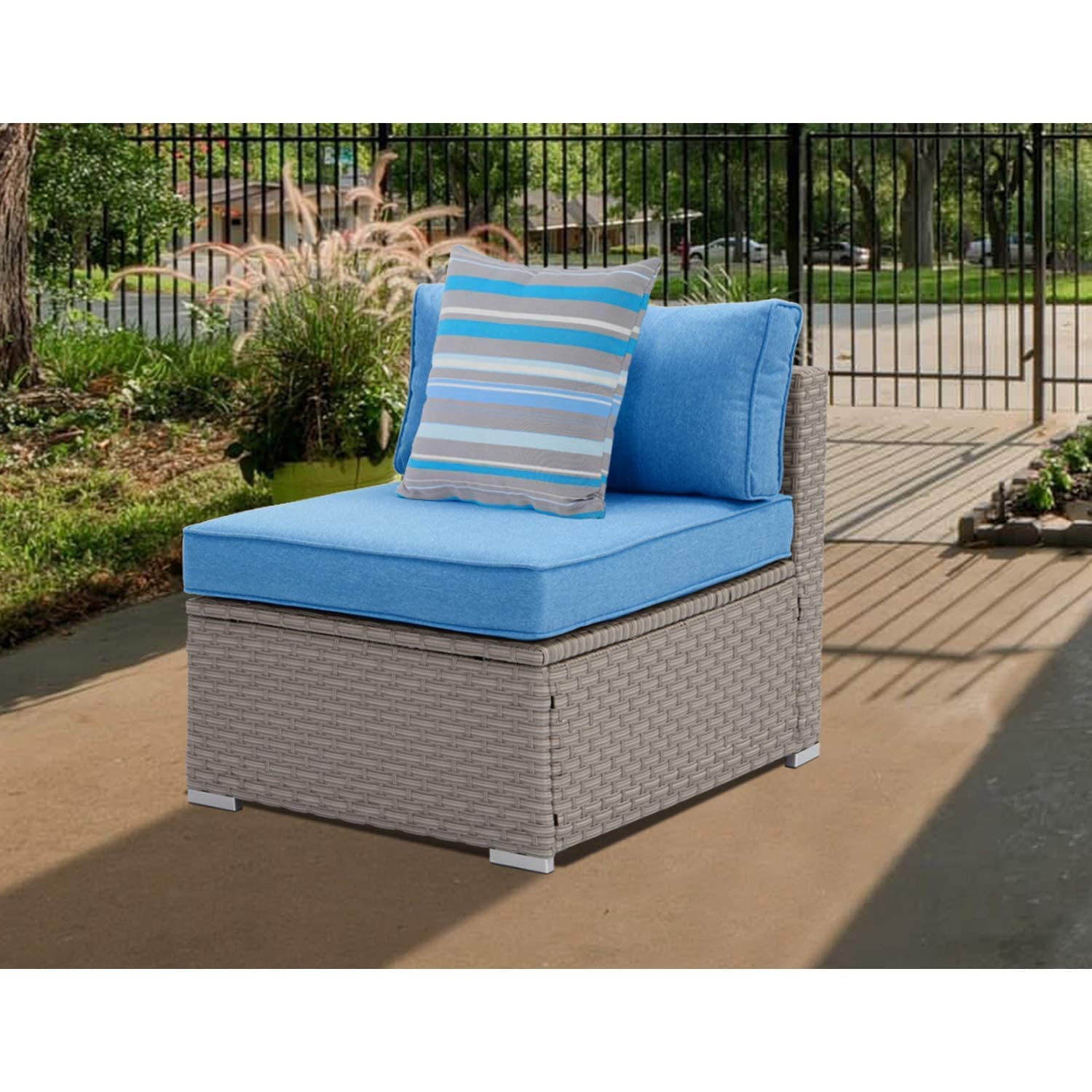 Sunbury Outdoor Patio Sectional Sofa Chair - Blue Wicker Armless Seat with Psychedelic Pillow - Elegant Garden & Backyard Furniture for Porch, Poolside & Outdoor Relaxation