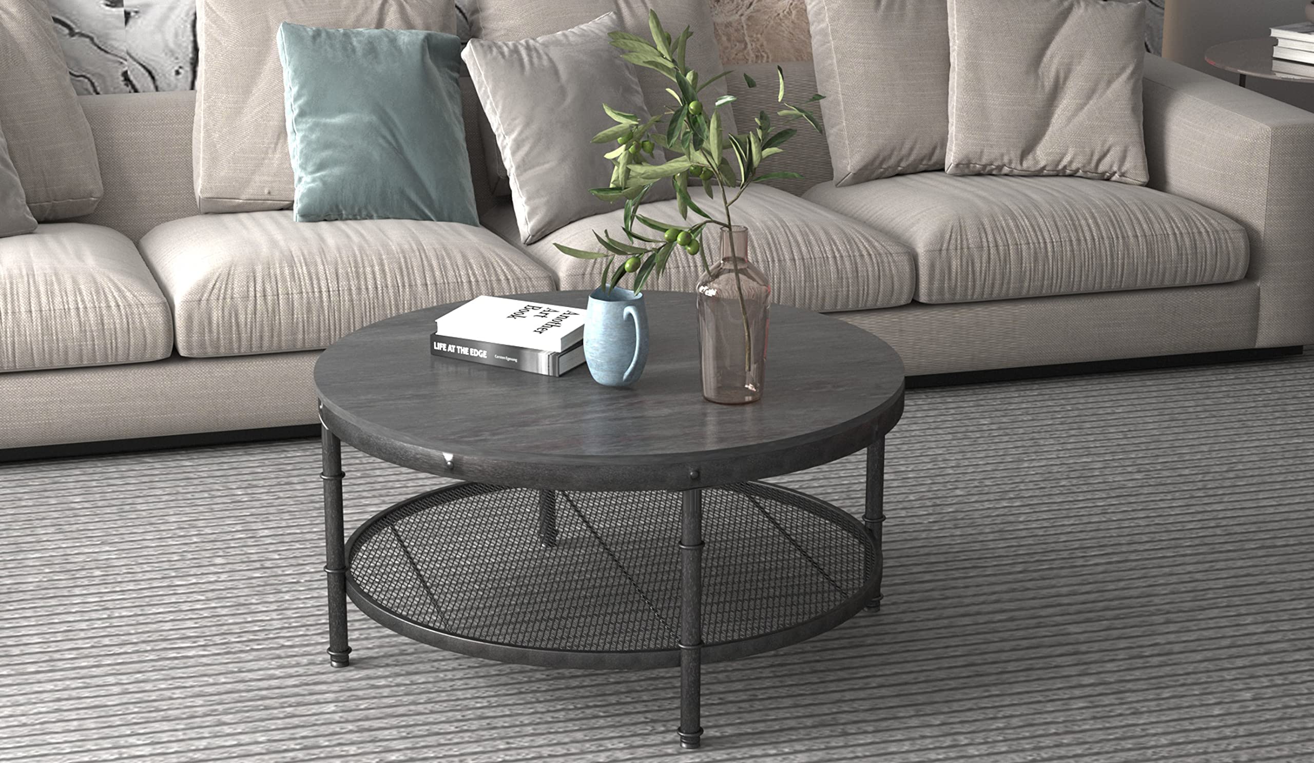 Rustic Black Round Coffee Table with Storage - Farmhouse Living Room Decor for Small Spaces