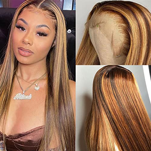 18 Inch Ombre Honey Blonde Brazilian Human Hair Lace Front Wig - 150% Density Glueless 13x6x1 T-Part Lace Wig for Black Women (Pre-Plucked) | Perfect for Daily Wear, Parties, and Special Occasions