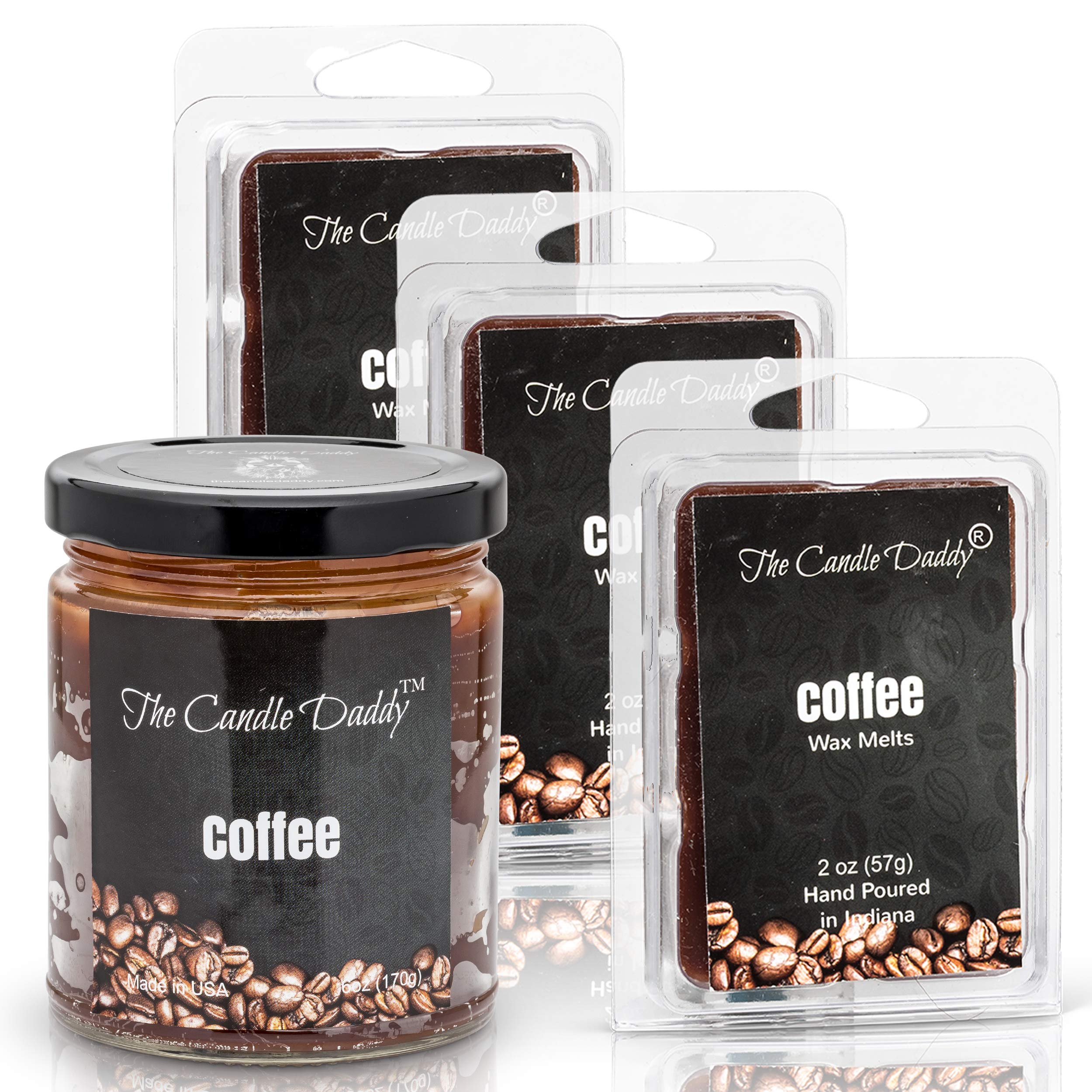 Premium Coffee Scented Candles & Wax Melts Set - 6 oz Candle & 3 x 2 oz Wax Melts - Aromatic Home Decor for Relaxation & Cozy Atmosphere - Perfect for Living Room, Bedroom & Office Spaces