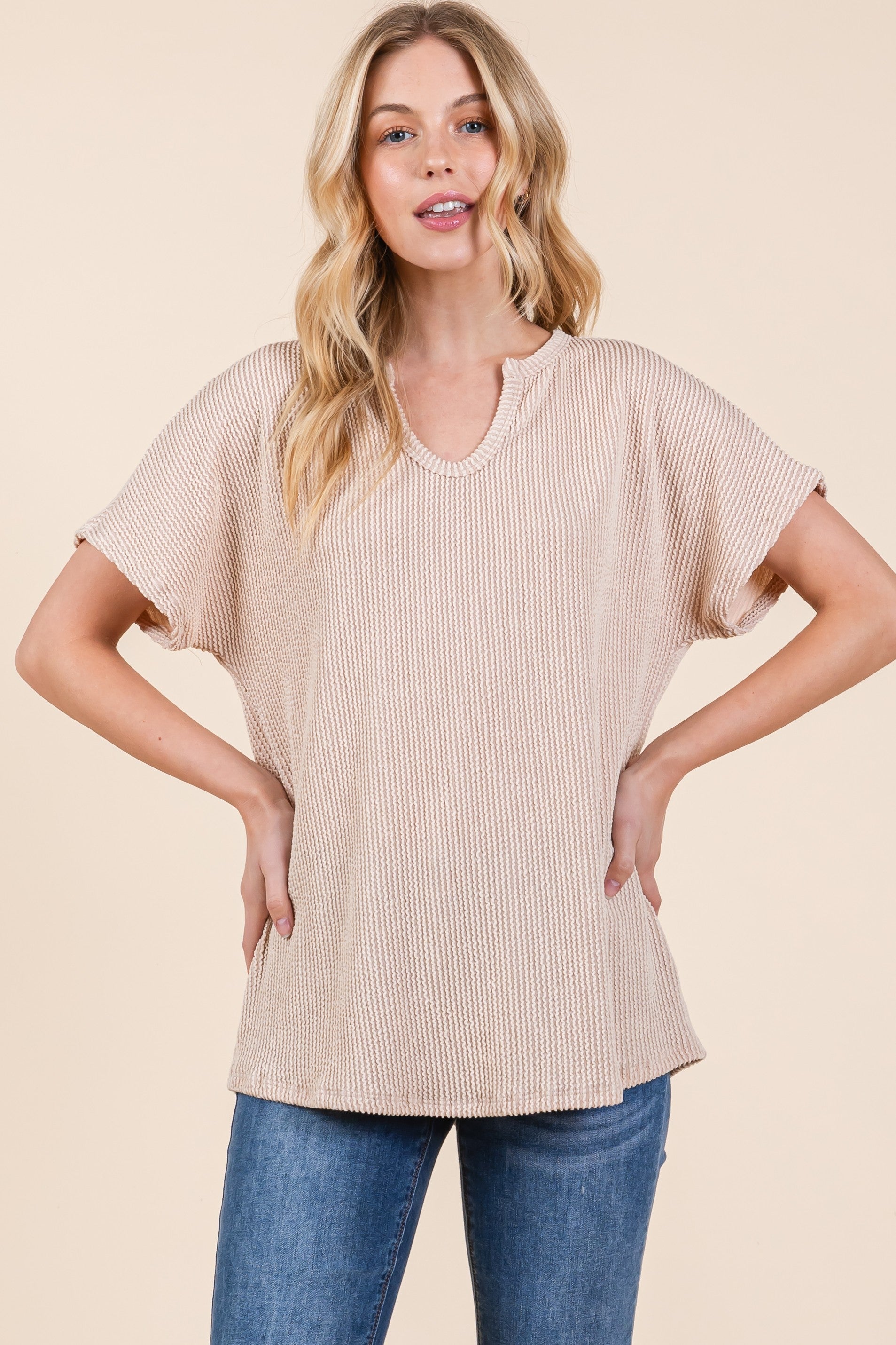 Beige Ribbed Notched Neckline T-Shirt for Women - Casual Stretch Cotton Blouse for Everyday Wear | Perfect for Office, Dating & Weekend Outfits