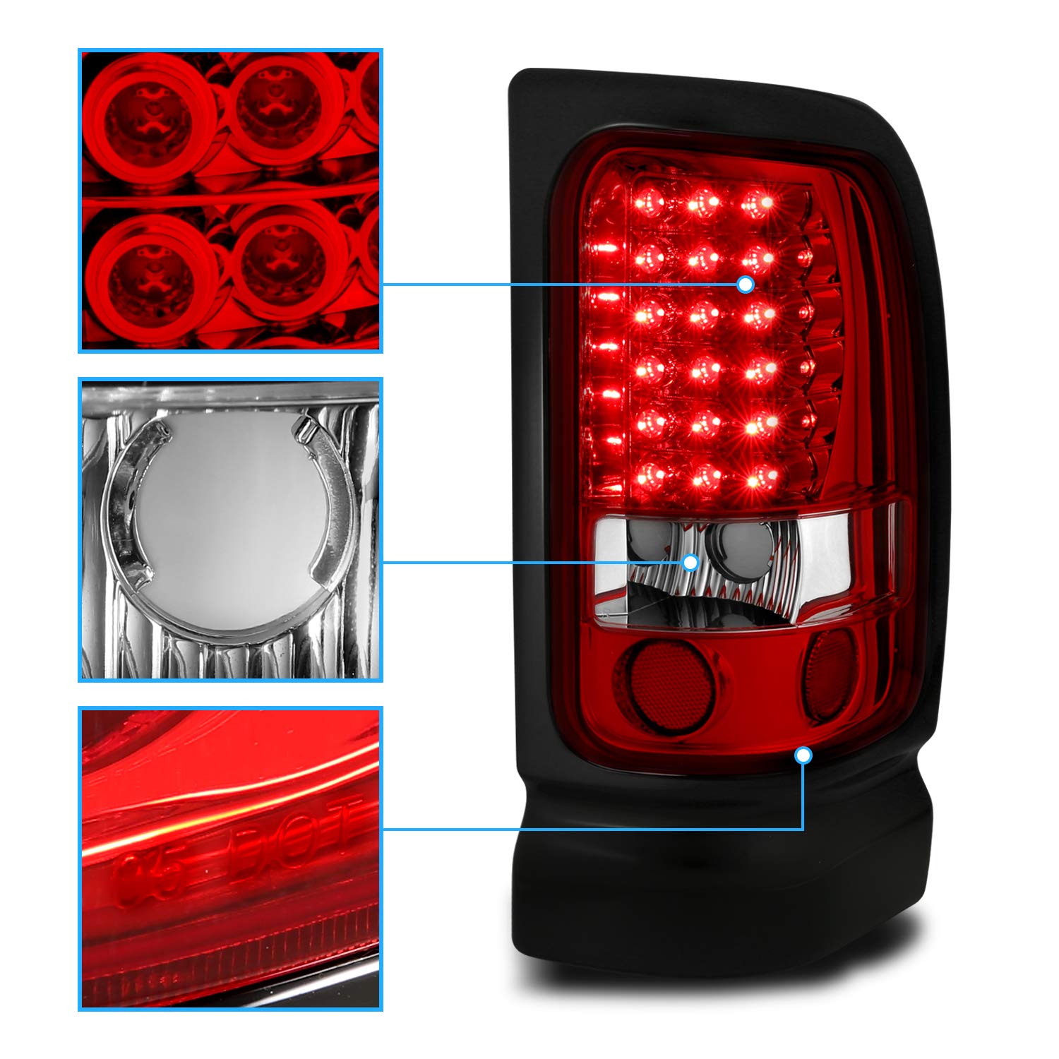 AmeriLite LED Brake Tail Lights for 94-01 Dodge Ram 1500 2500 3500 - Crystal Red Pair (Driver & Passenger Side) | Enhanced Visibility & Safety for Night Driving & Towing