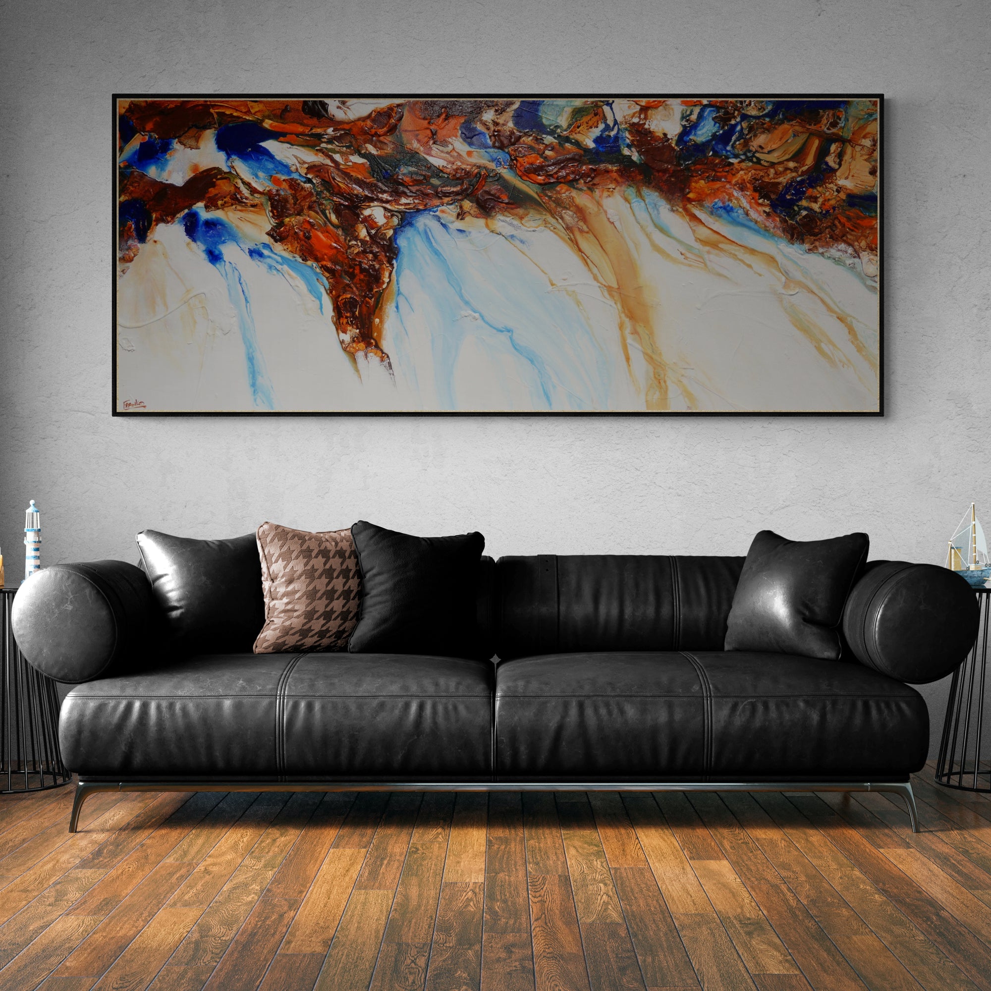 Sapphire Blue Coast 240cm x 100cm White Blue Ochre Textured Abstract Canvas Art - Modern Wall Decor for Living Room, Bedroom & Office