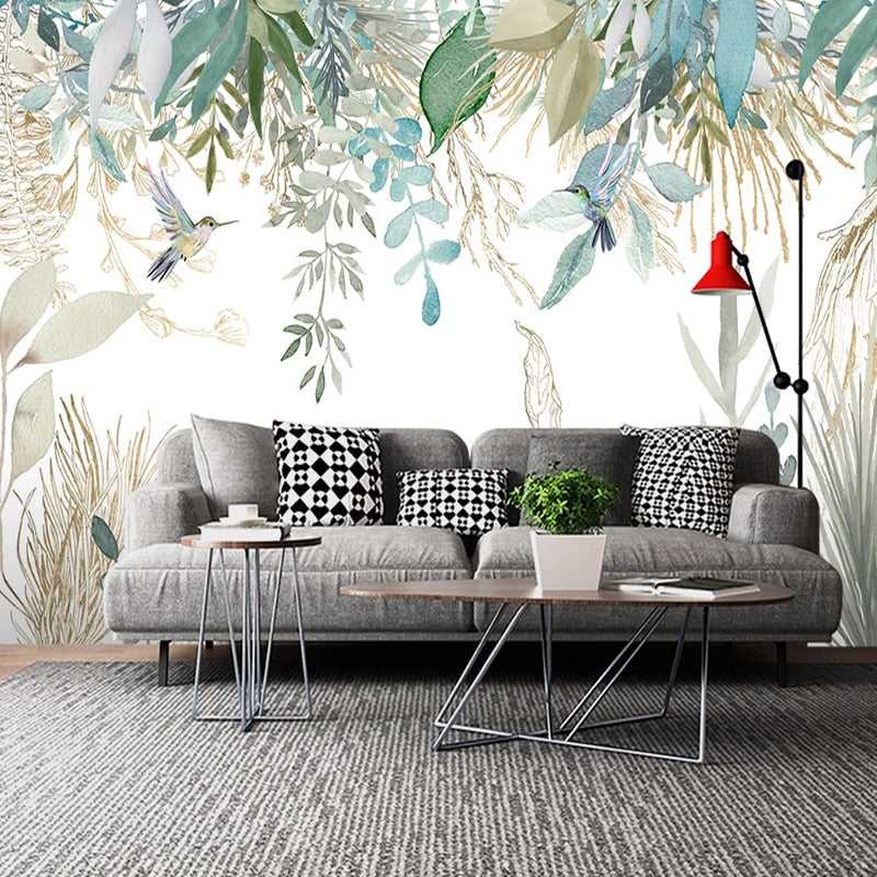 Tropical Plant Leaves Flowers and Birds Wallpaper Mural - Nature-Inspired Peel & Stick Wall Decor for Living Room, Bedroom, Nursery | Easy to Install & Removable
