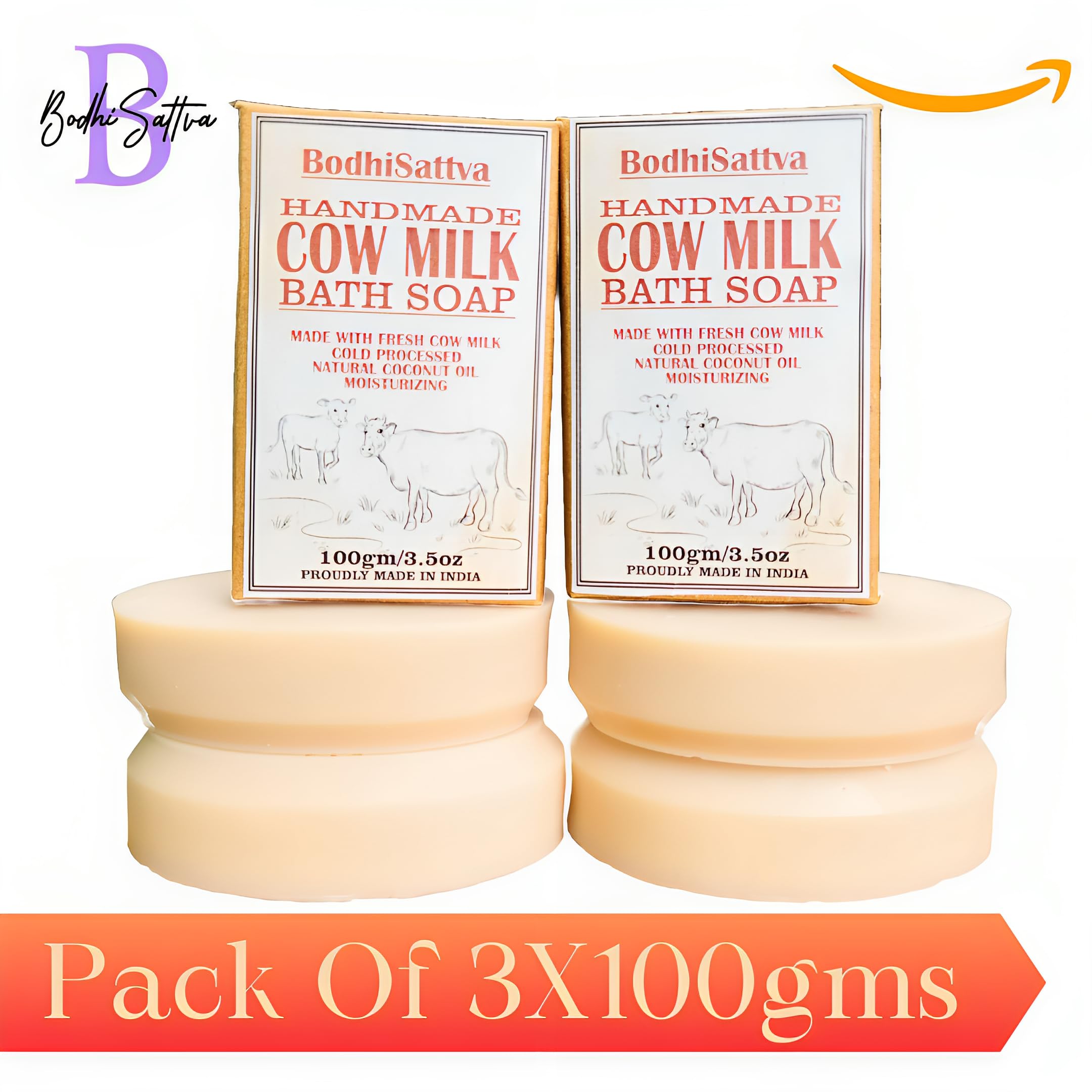 **BodhiSattva Handmade Cow Milk Soap with Cold-Pressed Virgin Coconut Oil & Fresh Milk | 3-Pack (100g Each) | Natural Body Soap for Family | Gentle Cleansing for Dry & Sensitive Skin | Perfect for Daily Use & Gifts**