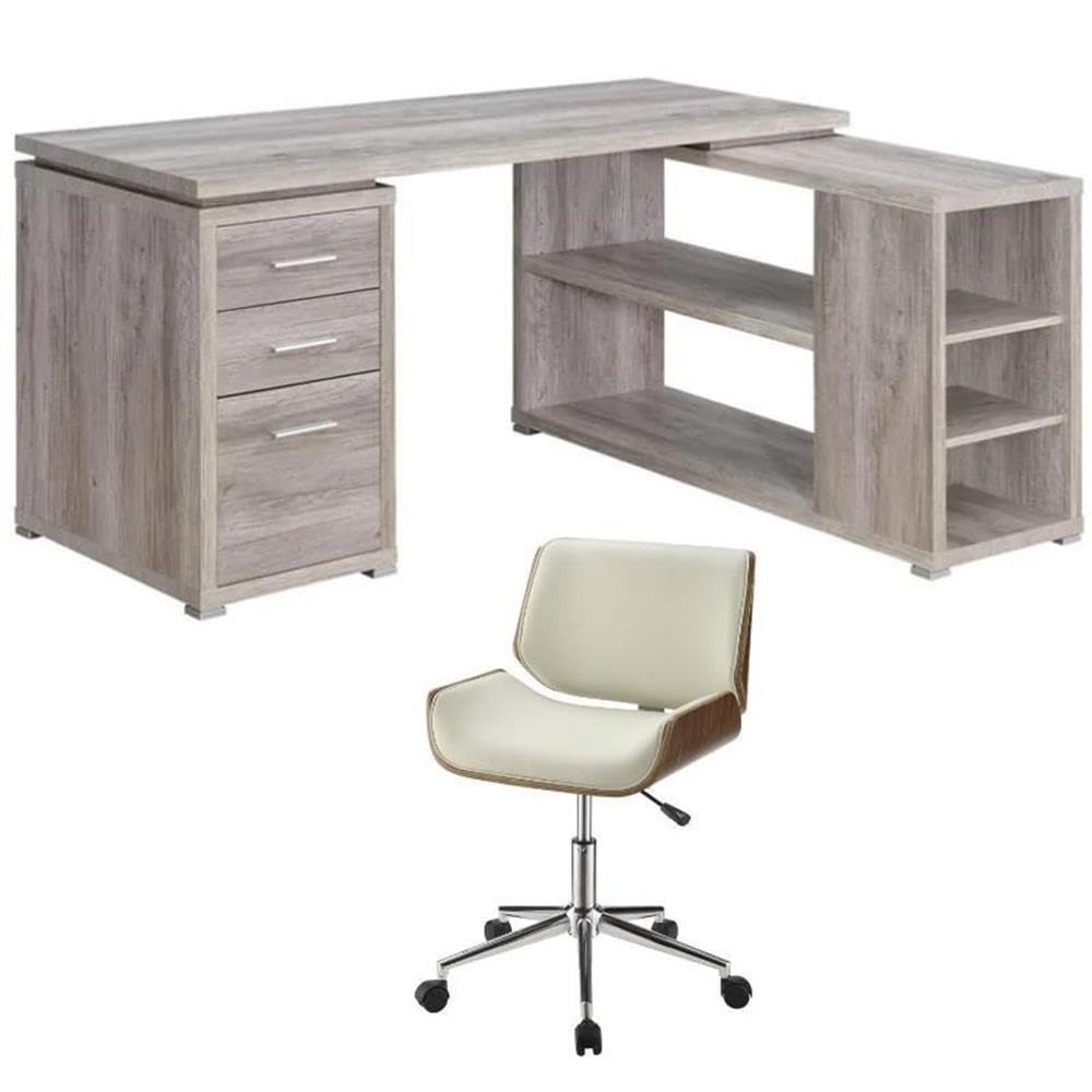 L-Shaped Desk and Office Chair Set in Gray Driftwood/Ecru - Home Square 2-Piece Home Office Furniture for Small Spaces, Gaming & Remote Work
