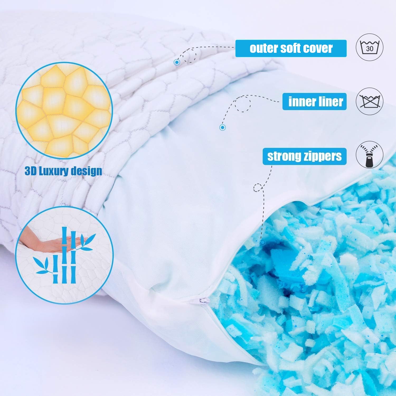 SUPA MODERN Cooling Bed Pillows 2 Pack - Adjustable Shredded Memory Foam Pillows for Side, Back & Stomach Sleepers - Queen Size Gel Pillows with Washable Cover - Perfect for Hot Sleepers & Night Sweat Relief - Ideal for Home, Office & Travel Use