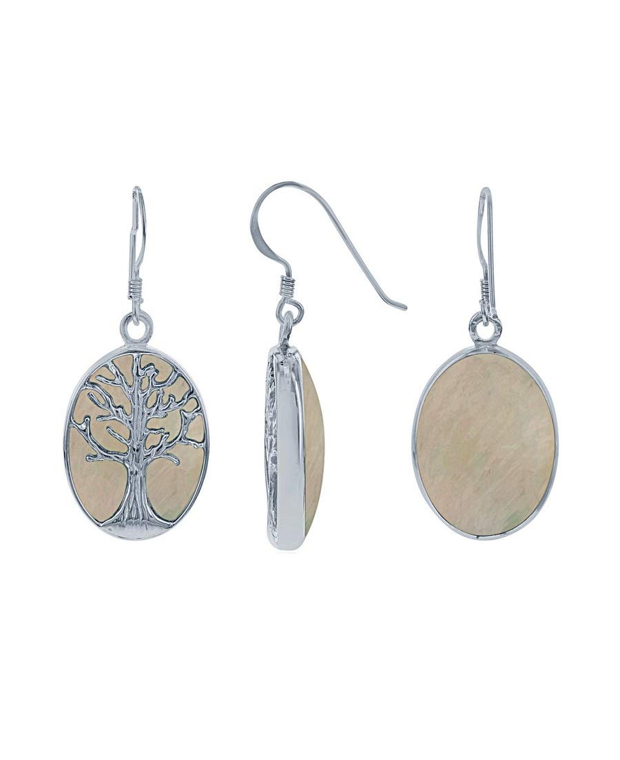 Sterling Silver Tree of Life Earrings with Mother of Pearl - Large Oval French Wire Dangle Earrings for Women - Perfect for Weddings, Boho Fashion & Everyday Elegance