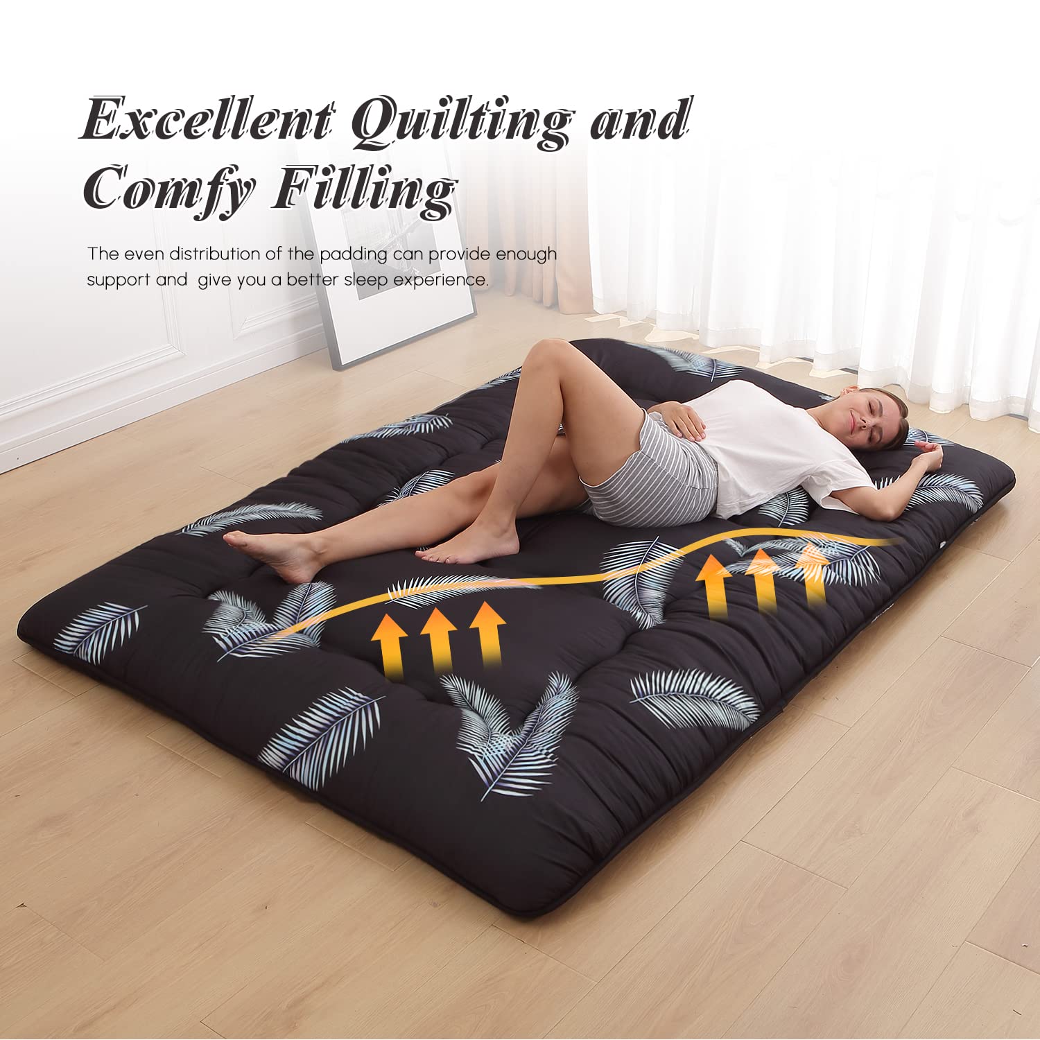 Japanese Futon Mattress - Foldable Floor Mattress with Washable Cover, Portable Tatami Mat for Camping, Travel & Guest Bedding (Black Feather, Full Size) | Perfect for Small Spaces, Sleepovers & Outdoor Adventures