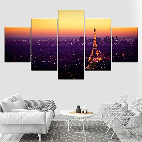 5-Piece Canvas Wall Art Set - Paris Tower Dusk Night Multi Panel Painting for Living Room & Home Decor - Framed Wall Art for Bedroom, Office & Dining Room