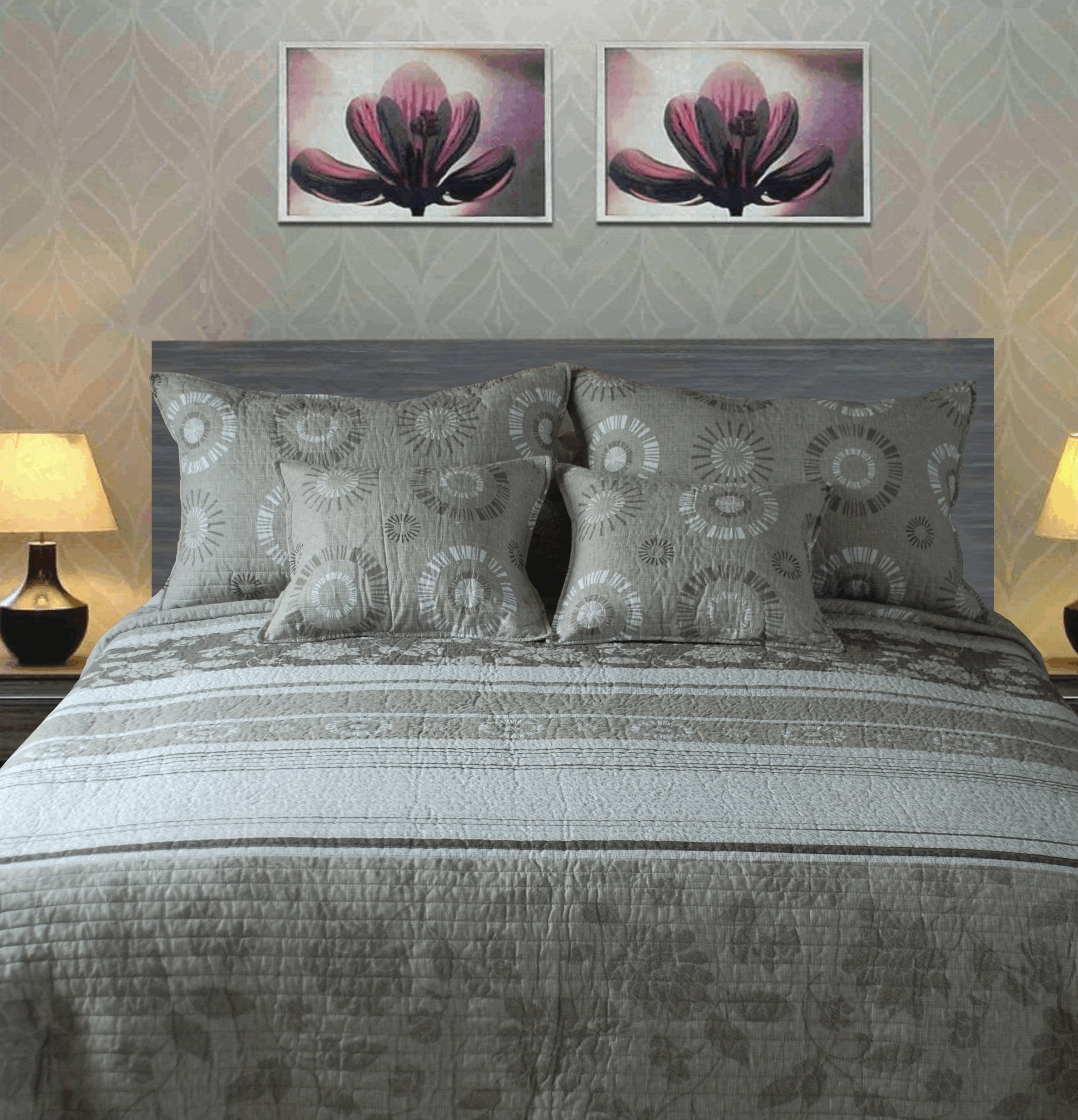 5-Piece Reversible Cotton Quilt Bedspread Set - Taupe Beige Geometric Floral Starburst Design, Full Size for Cozy Bedroom Decor | Perfect for Guest Rooms, Dorms & Home Styling