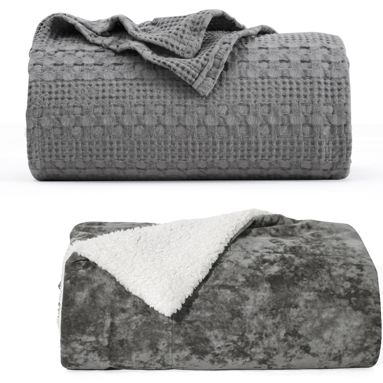 PHF 100% Cotton Waffle Weave Sherpa Fleece Blanket - Queen Size Soft Warm Bedding for Winter, Cozy Throw for Couch, Sofa & Bed - Perfect for Home, Office & Gift Giving