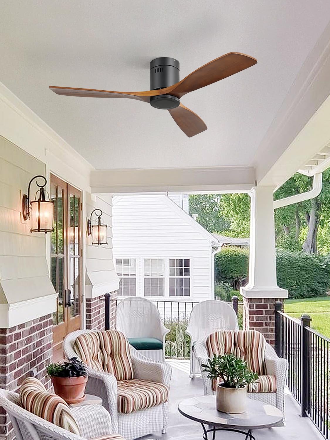 52 Inch Low Profile Flush Mount Wood Ceiling Fan with Remote - No Lights, 3 Blades, Reversible DC Motor, Ultra Quiet - Perfect for Indoor Farmhouse, Bedroom, Living Room & Outdoor Patio, Porch Use