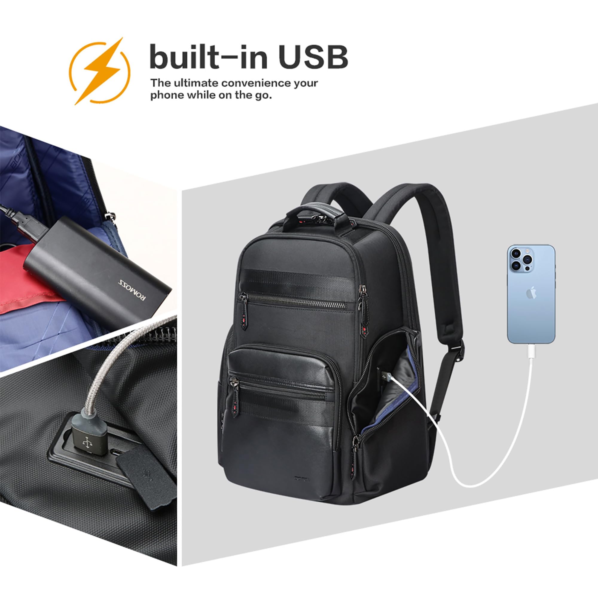 BOPai 30L Water-Resistant Travel Backpack for Men - USB Charging Business Laptop Backpack with 15.6 Inch Laptop Compartment - Durable Black Rucksack for Work, Commuting & Outdoor Adventures