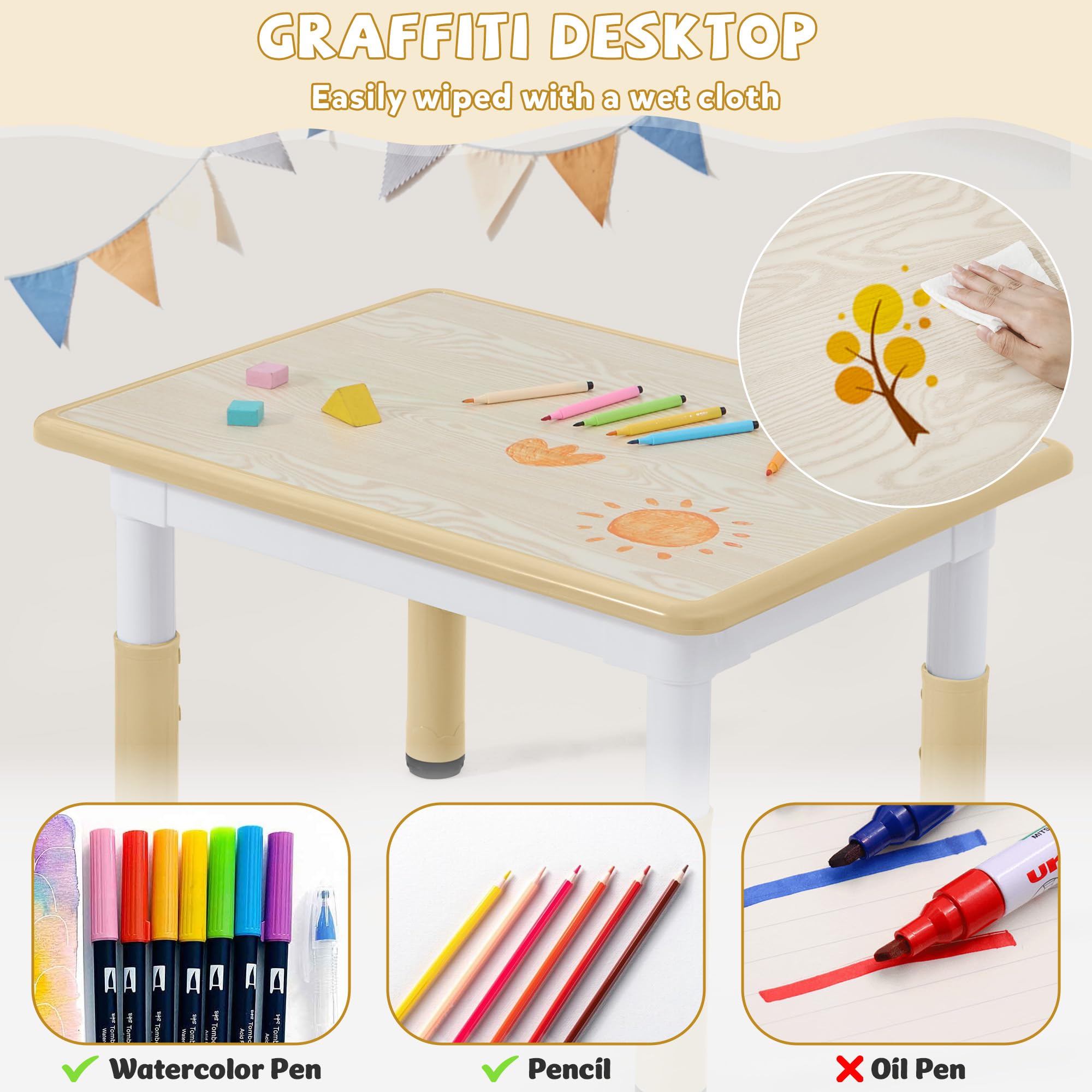 Adjustable Height Kids Table and 4 Chairs Set - Toddler Activity Table with Graffiti Desktop for Home, Classroom & Daycare - Perfect for Arts & Crafts, Snack Time, and Learning Activities
