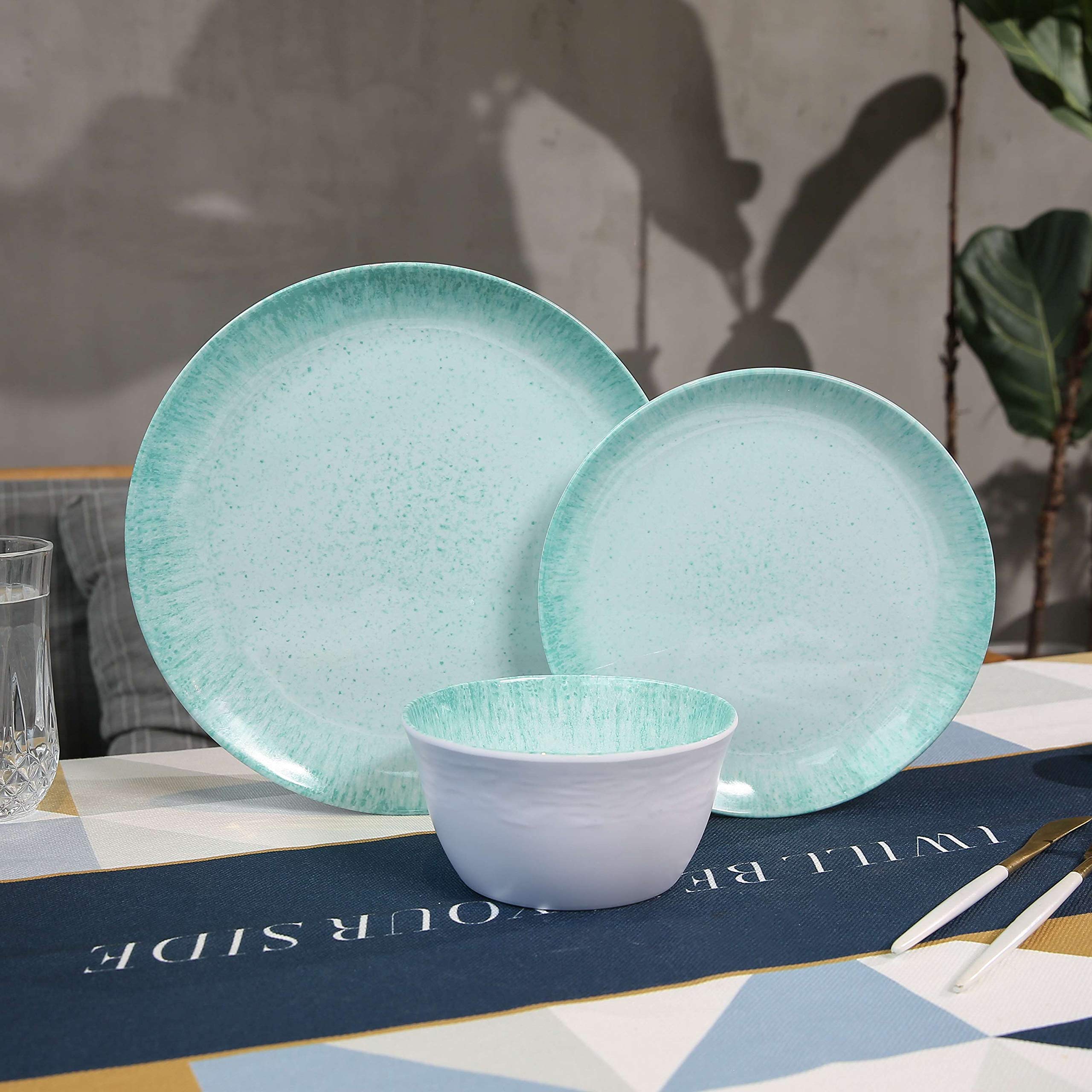 12-Piece Melamine Dinnerware Set - Durable Plates & Bowls for 4, Turquoise with Spot Design - Perfect for Outdoor Dining, Picnics, and Pool Parties