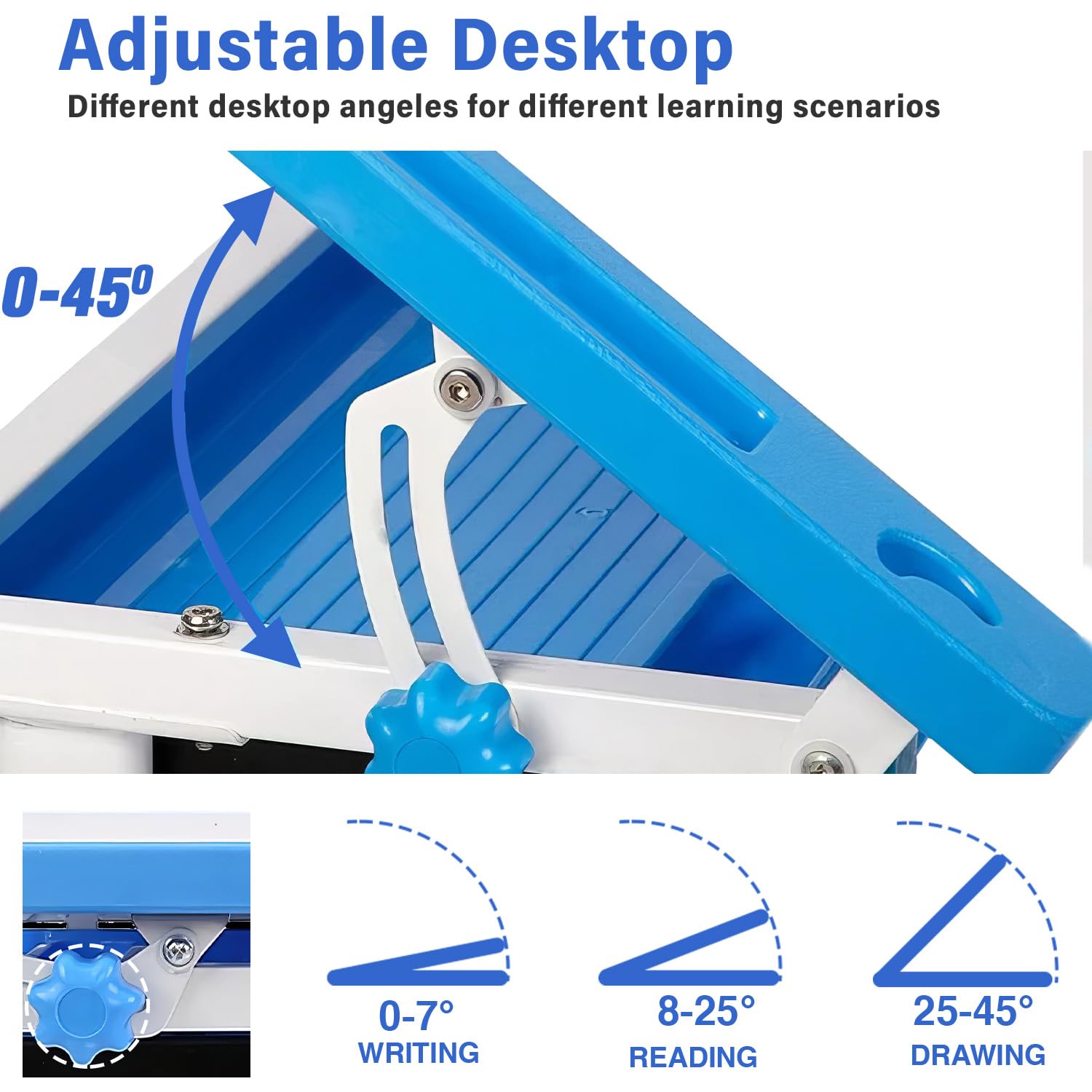 Adjustable Kids Desk and Chair Set - Ergonomic Study Table with Storage Drawer, Tilt Desktop & Metal Hook - Blue Children's Writing Desk for Home Schooling & Online Learning