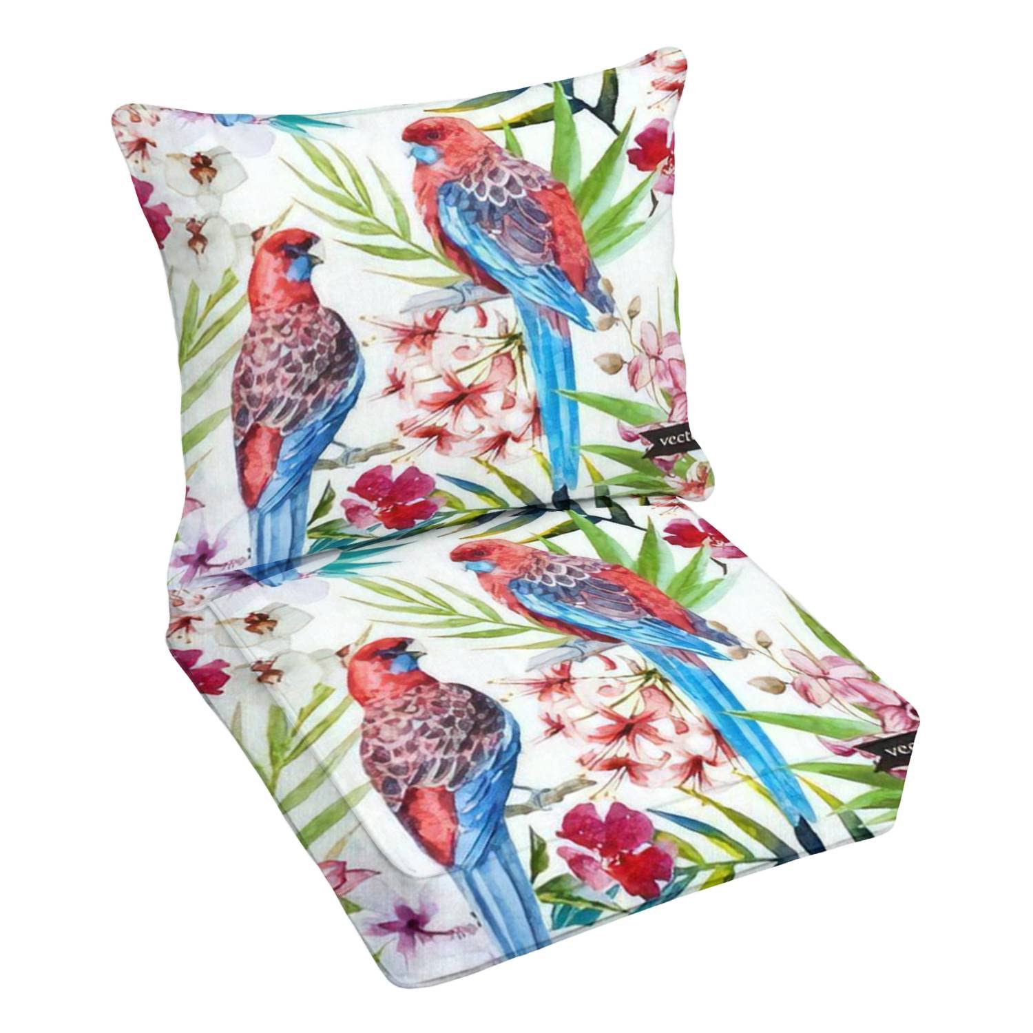 Premium Outdoor Deep Seating Cushion Set with Watercolor Tropical Parrot Design - Replacement Cushions for Patio Lounge Chairs, Water-Resistant & Comfortable - Perfect for Poolside Relaxation, Garden Lounging, and Outdoor Conversations