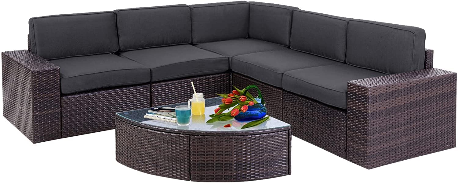 Incbruce 6-Piece Outdoor Patio Furniture Set - All-Weather Wicker Sectional Sofa with Glass Coffee Table & Washable Cushions (Grey) - Perfect for Garden, Backyard, Poolside & Patio Relaxation