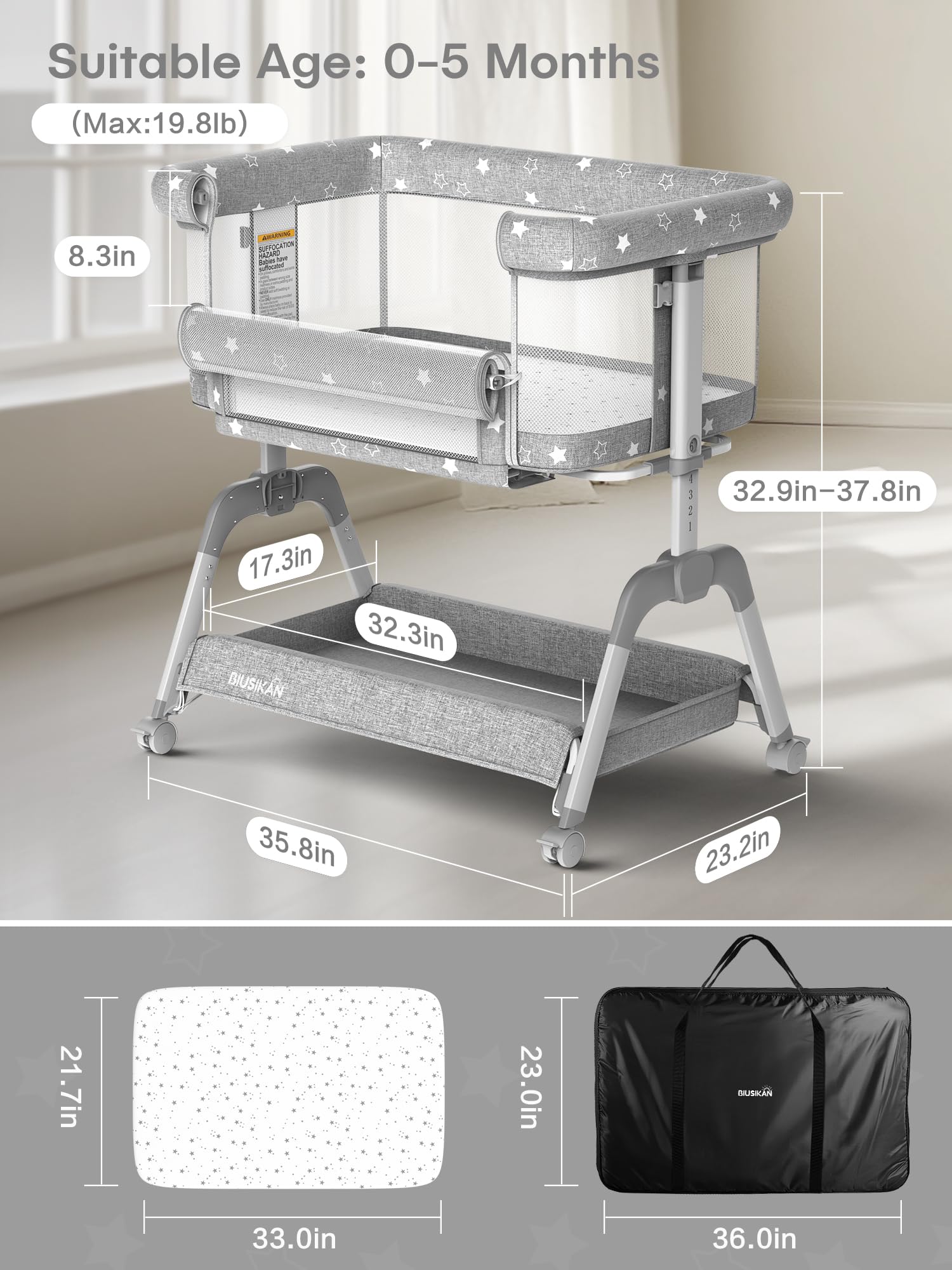 Portable Adjustable Height Baby Bassinet Bedside Sleeper with Mattress & Wheels - All Mesh Breathable Crib for Newborns - Perfect for Co-Sleeping, Nursery, Bedroom & Travel