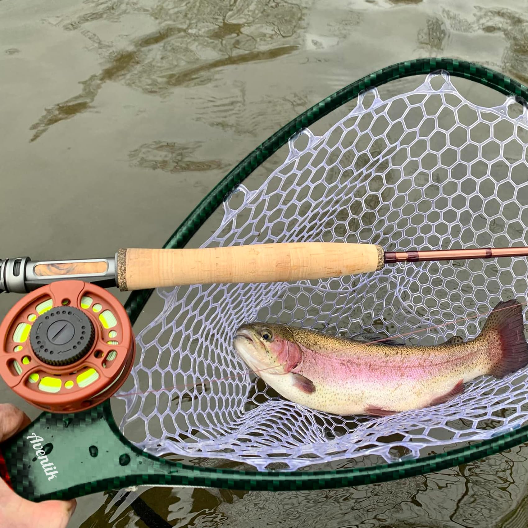 Aventik Fly Floating Fishing Net - Lightweight Carbon Fiber Landing Net with Clear Rubber Mesh for Trout, Catch & Release - Perfect for Fly Fishing, Streams, and Freshwater Angling