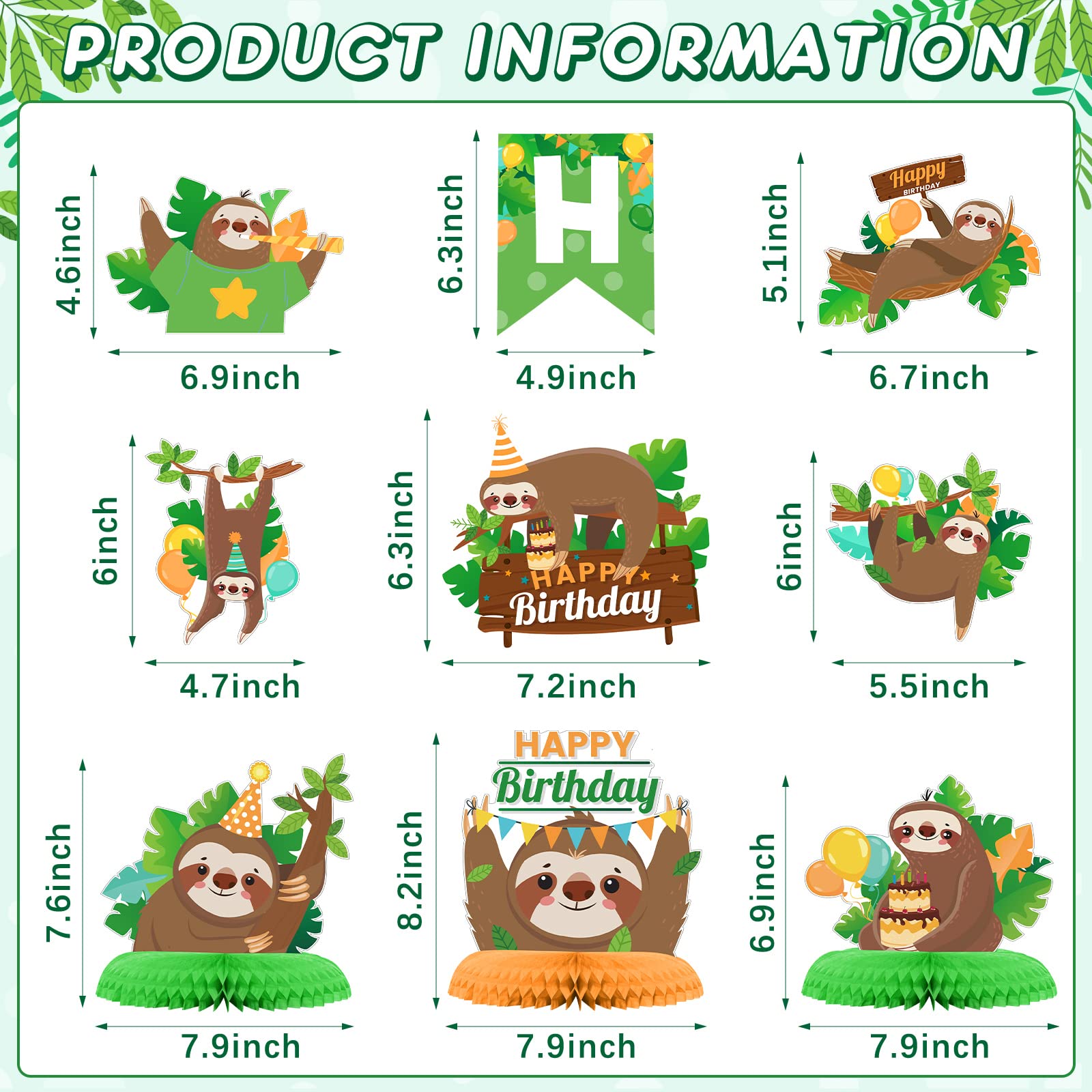 Sloth Birthday Party Decorations Set - Sloth Theme Happy Birthday Banner, Cake Toppers & 3-Piece Honeycomb Table Centerpieces for Baby Showers, Kids Birthdays & Sloth-Themed Events