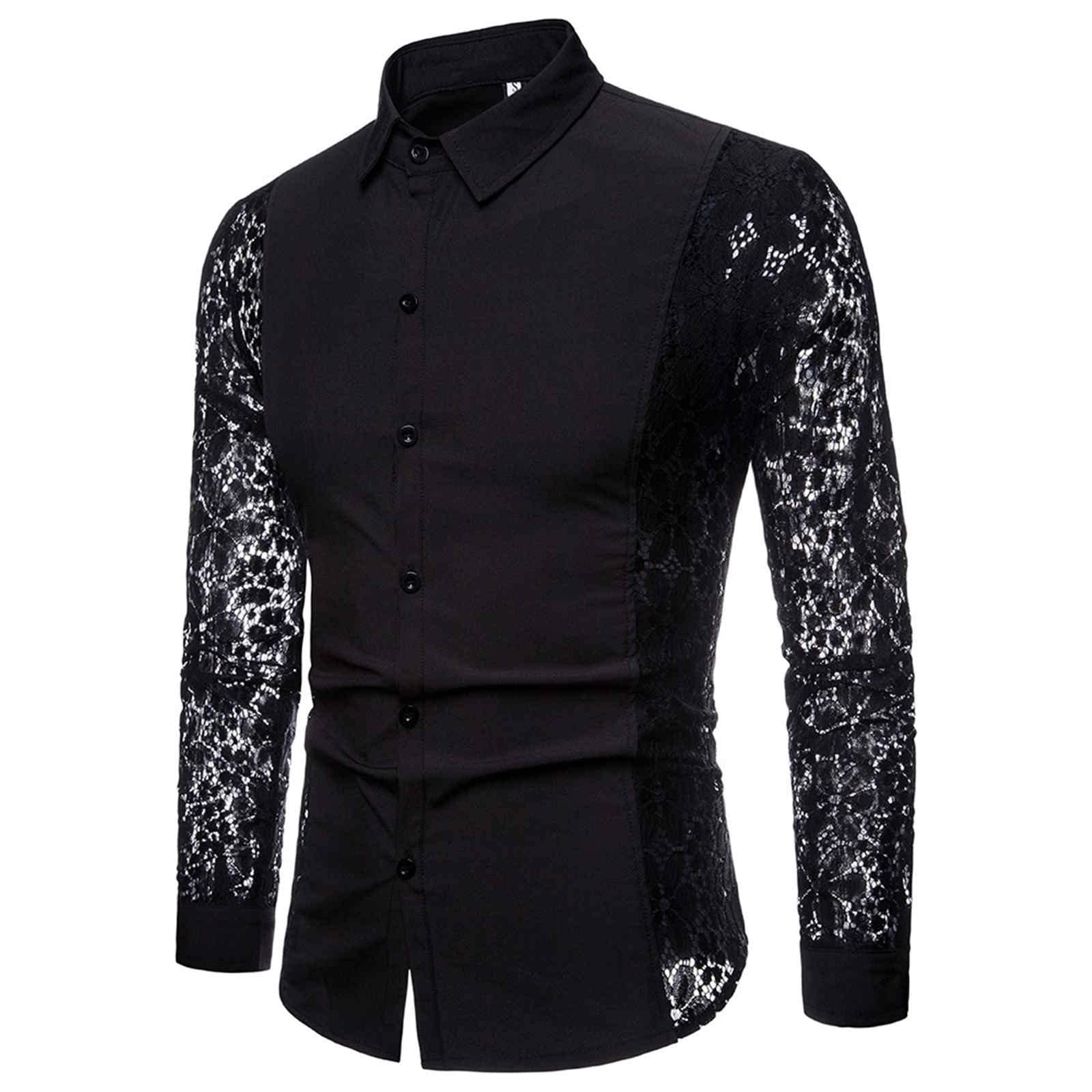 Men's Long Sleeve Lace Shirt - Hollow Color Design Fashion Top for Club & Party Wear | Stylish Formal & Casual Dress Shirts for Men