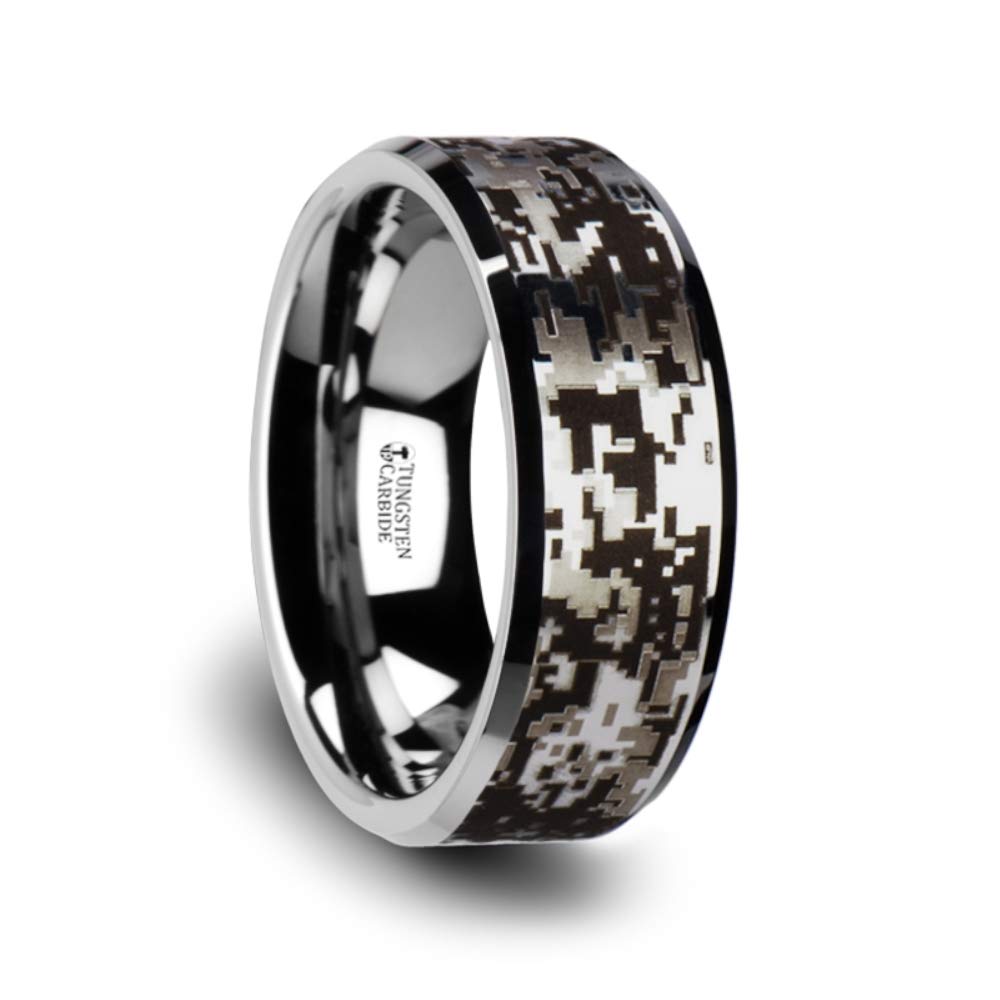 Stealth Tungsten Carbide Wedding Ring for Men - Black Digital Camouflage Engraved, 8mm Comfort Fit Band with Polished Beveled Edges - Durable Mens Wedding Band for Military, Outdoor & Everyday Wear