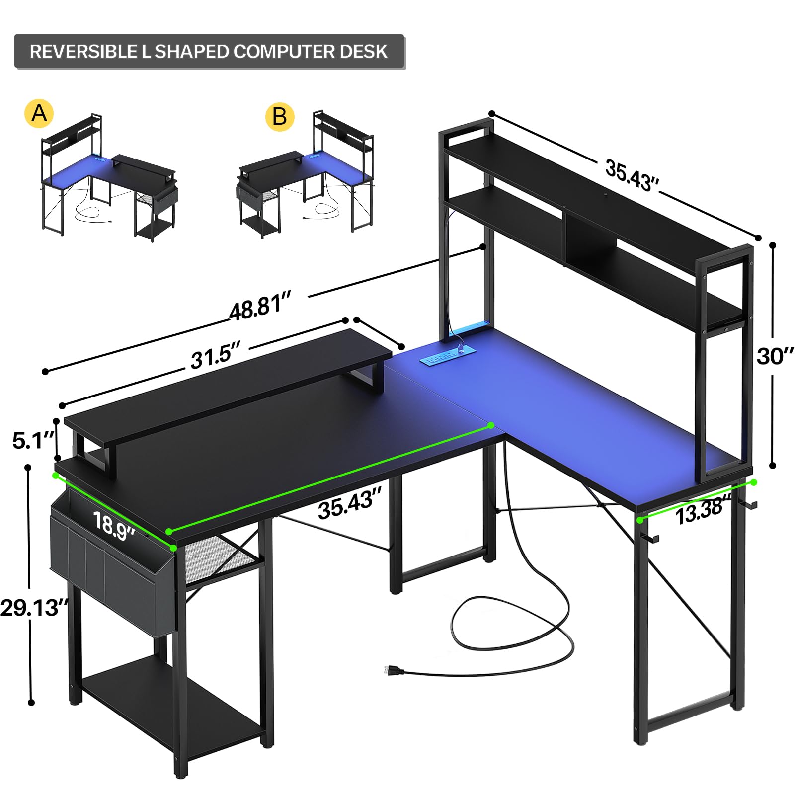 Aheaplus Small L-Shaped Gaming Desk with LED Lights & Power Outouts - Reversible Corner Computer Desk with Monitor Stand, Storage Shelf & Cable Management Bag - Perfect for Home Office, Streaming Setup & Small Space Gaming (Black)