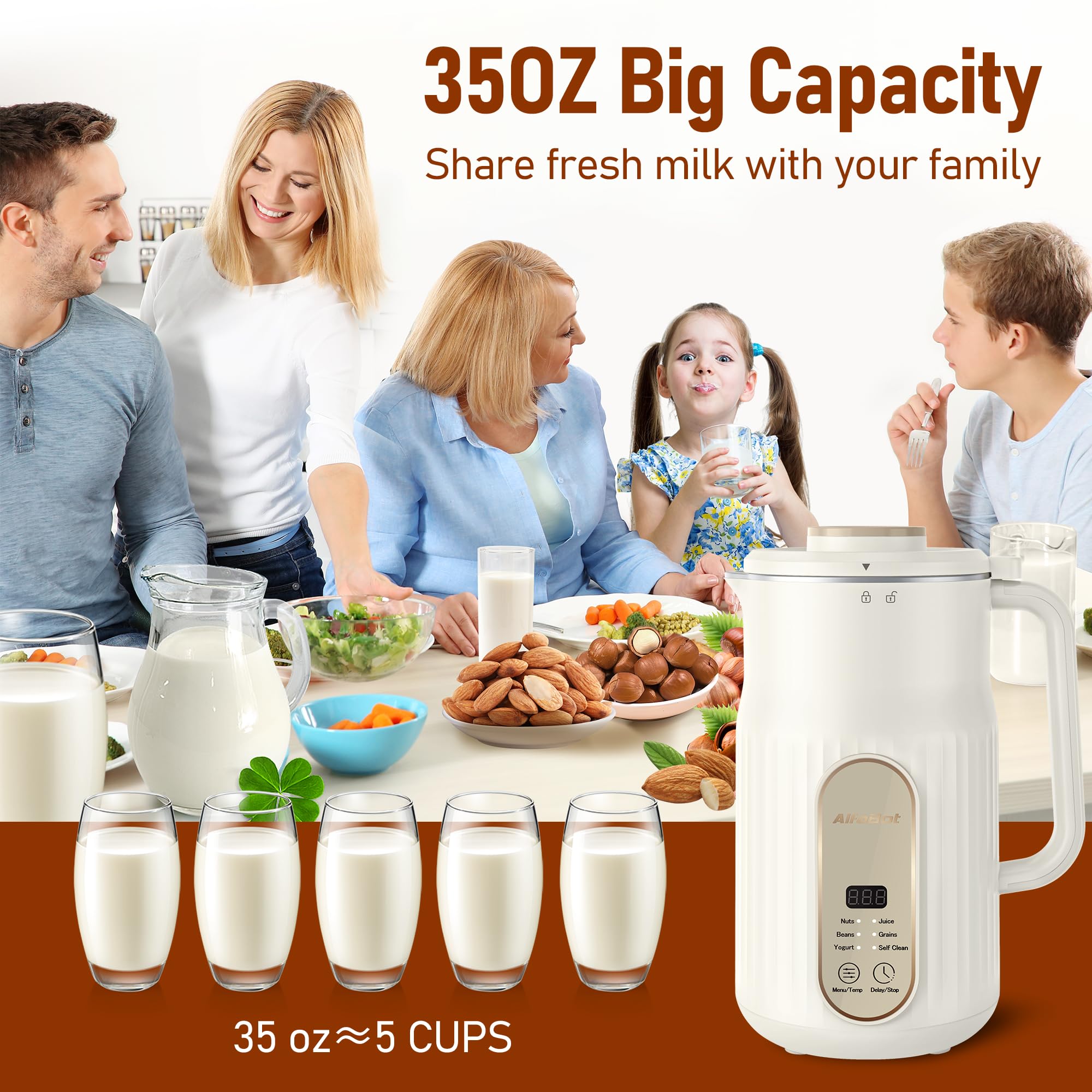 AlfaBot N2 Automatic Nut Milk Maker Machine - 5 Modes for Homemade Almond, Oat, Soy Milk & Yogurt - 35OZ Large Capacity with Delay Setting & Self-Cleaning (White) - Perfect for Vegan, Keto & Healthy Lifestyle Breakfasts
