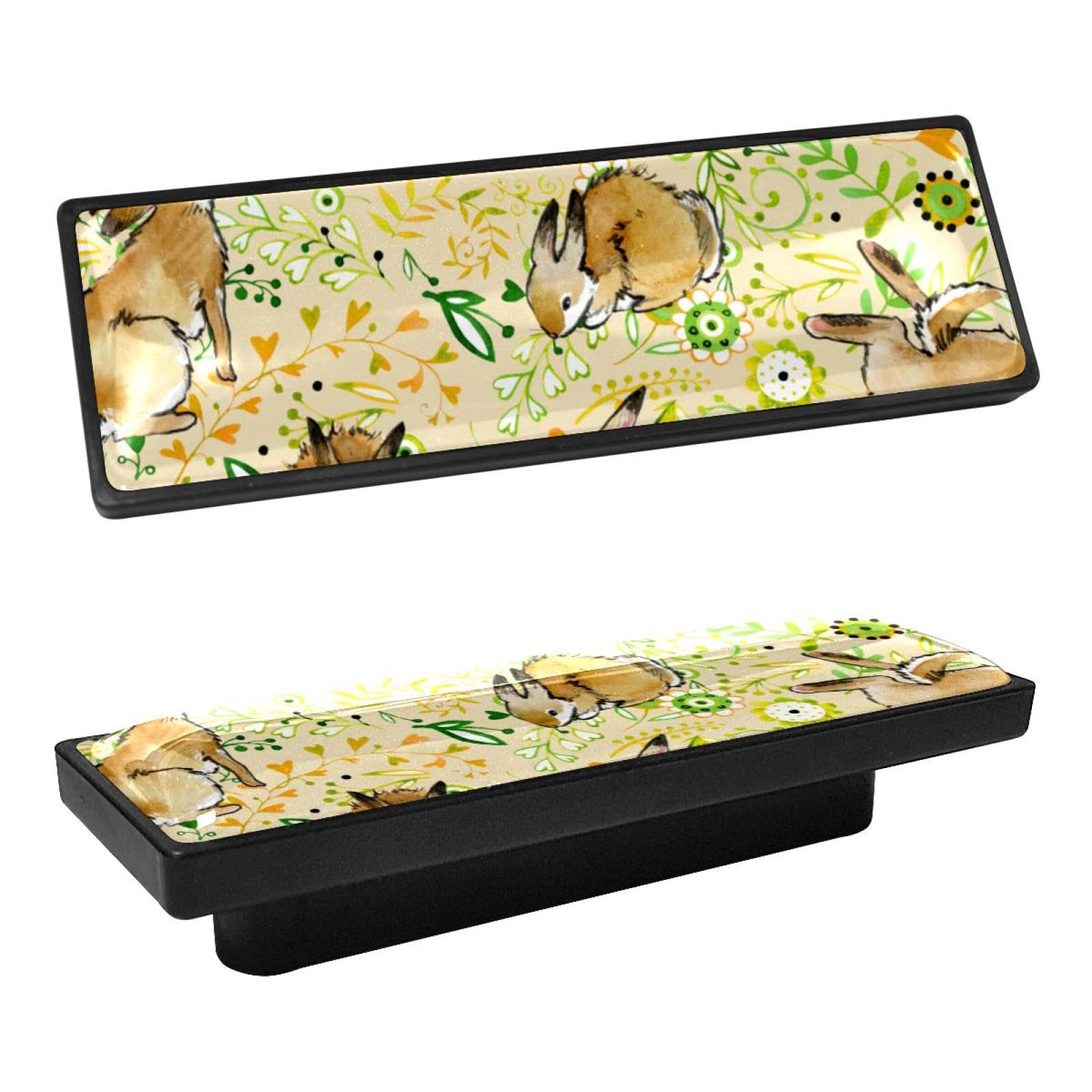 Vintage Rabbit & Flowers Cabinet Handles - 4Pcs Rectangle Drawer Pulls for Kitchen Cabinets, Dressers & Furniture - Elegant Hardware for Home Décor & DIY Projects