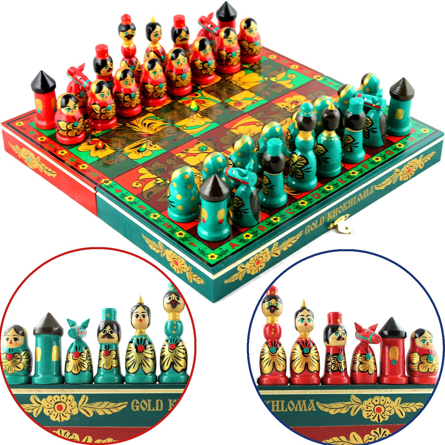 Hand-Painted Khokhloma Chess Set - Traditional Russian Wooden Chess Board with Folk Art Design | Perfect for Home Decor, Gift & Collectors