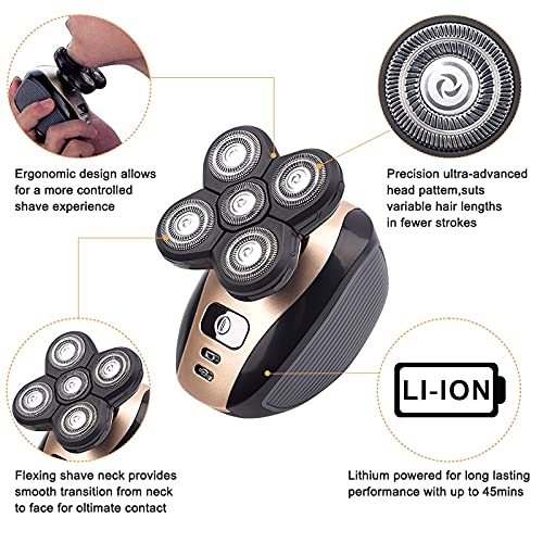 5-in-1 Rechargeable Electric Razor for Men - Bald Head Shaver with 5 Floating Heads, Beard Trimmer, Nose & Ear Hair Clipper - Perfect for Full Body Grooming, Travel & Daily Shaving Routine