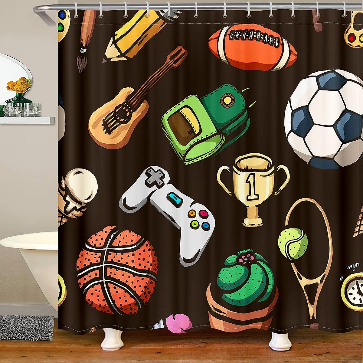 Gaming Shower Curtain for Kids & Teens - Waterproof 72x72 Inch Bathroom Decor with Hooks | Cute Cartoon Ball Sports Theme | Perfect Gift for Gamers & Players | Ideal for Kids' Bathrooms, Game Rooms, and Themed Decor