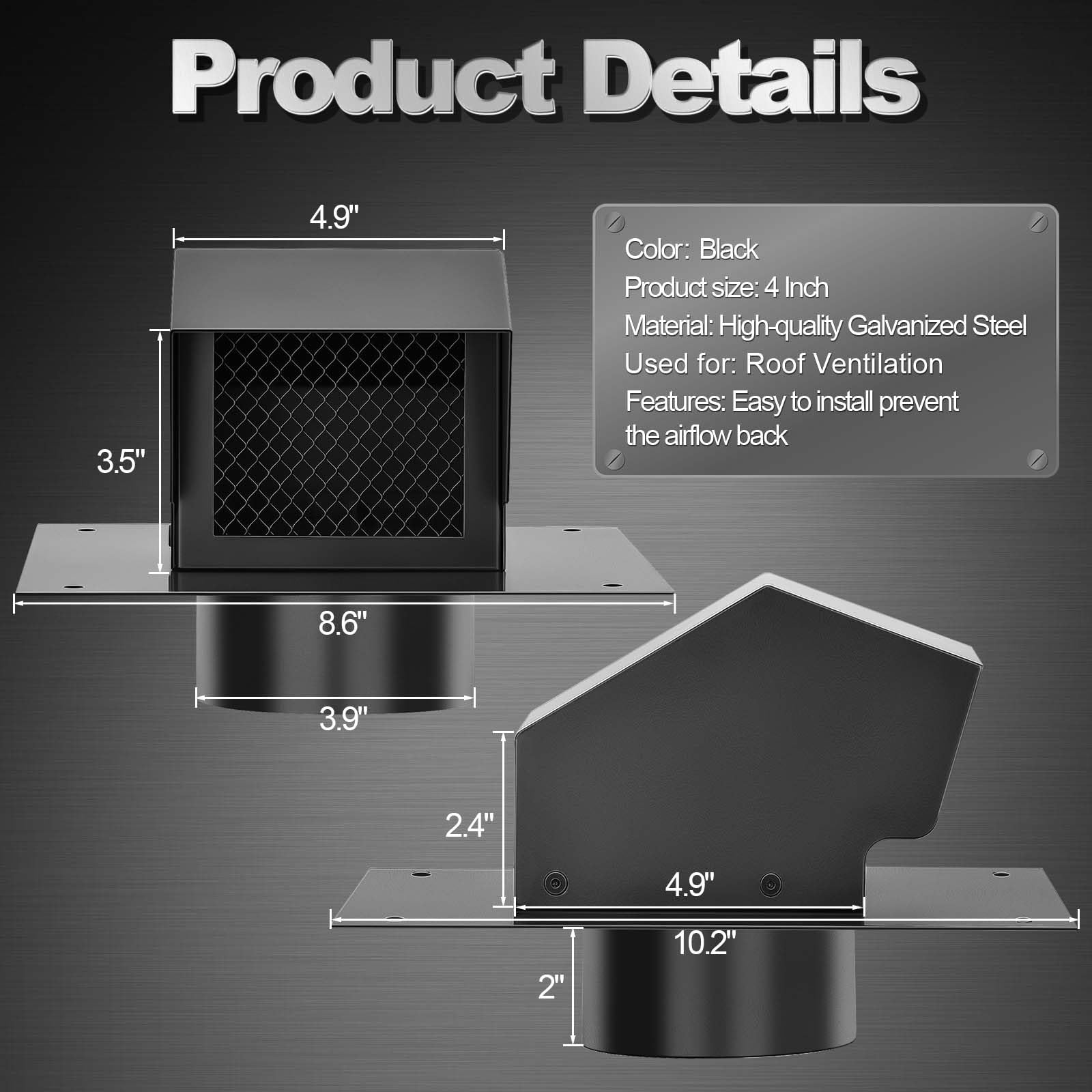 4 Inch Heavy Duty Galvanized Steel Roof Vent Cap - Removable Exhaust Ventilation System with Damper for Home & House Attic - Black (Ideal for Basement, Garage, RV & Roof Ventilation)