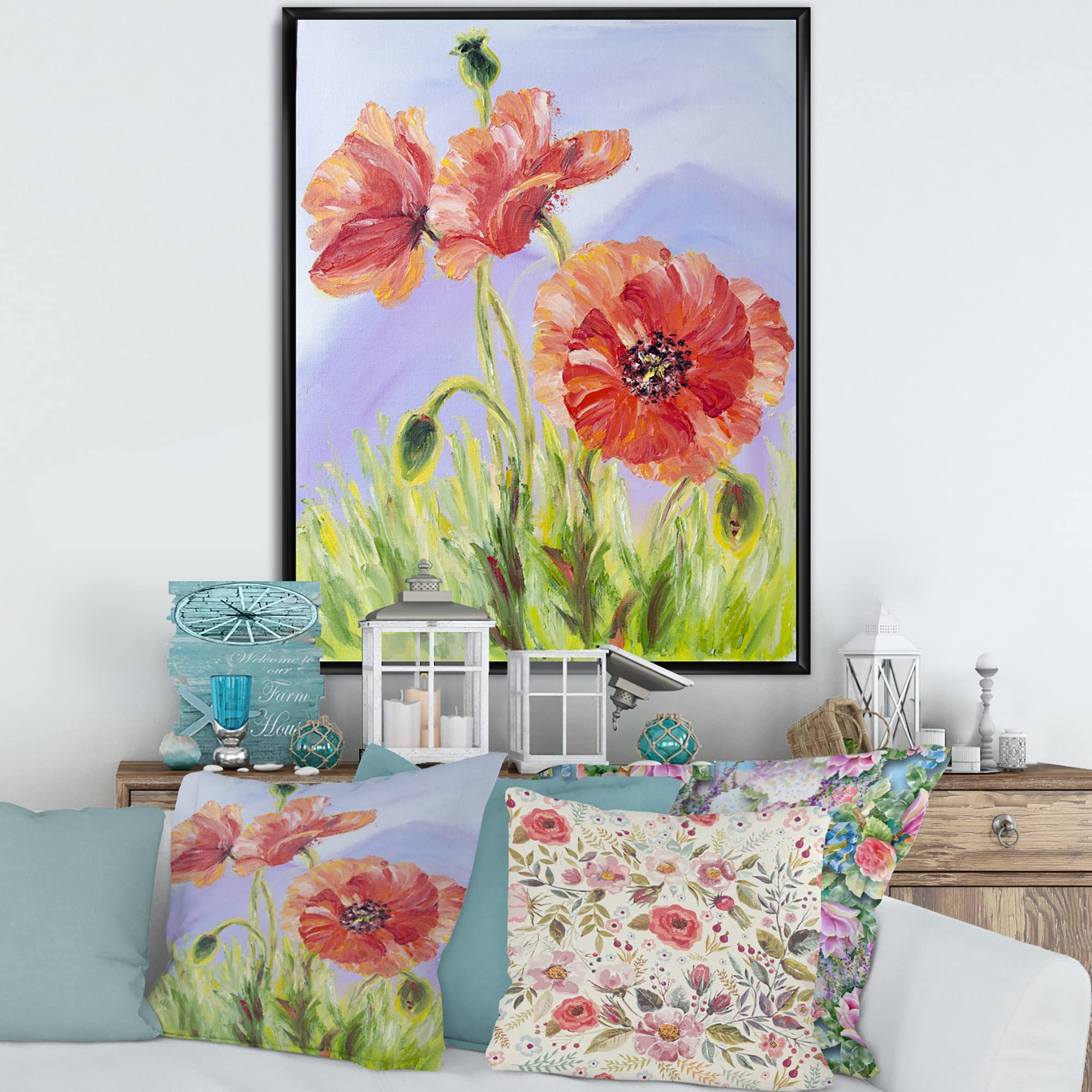 DesignQ Blossoming Poppies In The Morning IV - Traditional Framed Canvas Wall Art Print - Perfect for Living Room, Bedroom & Office Decor