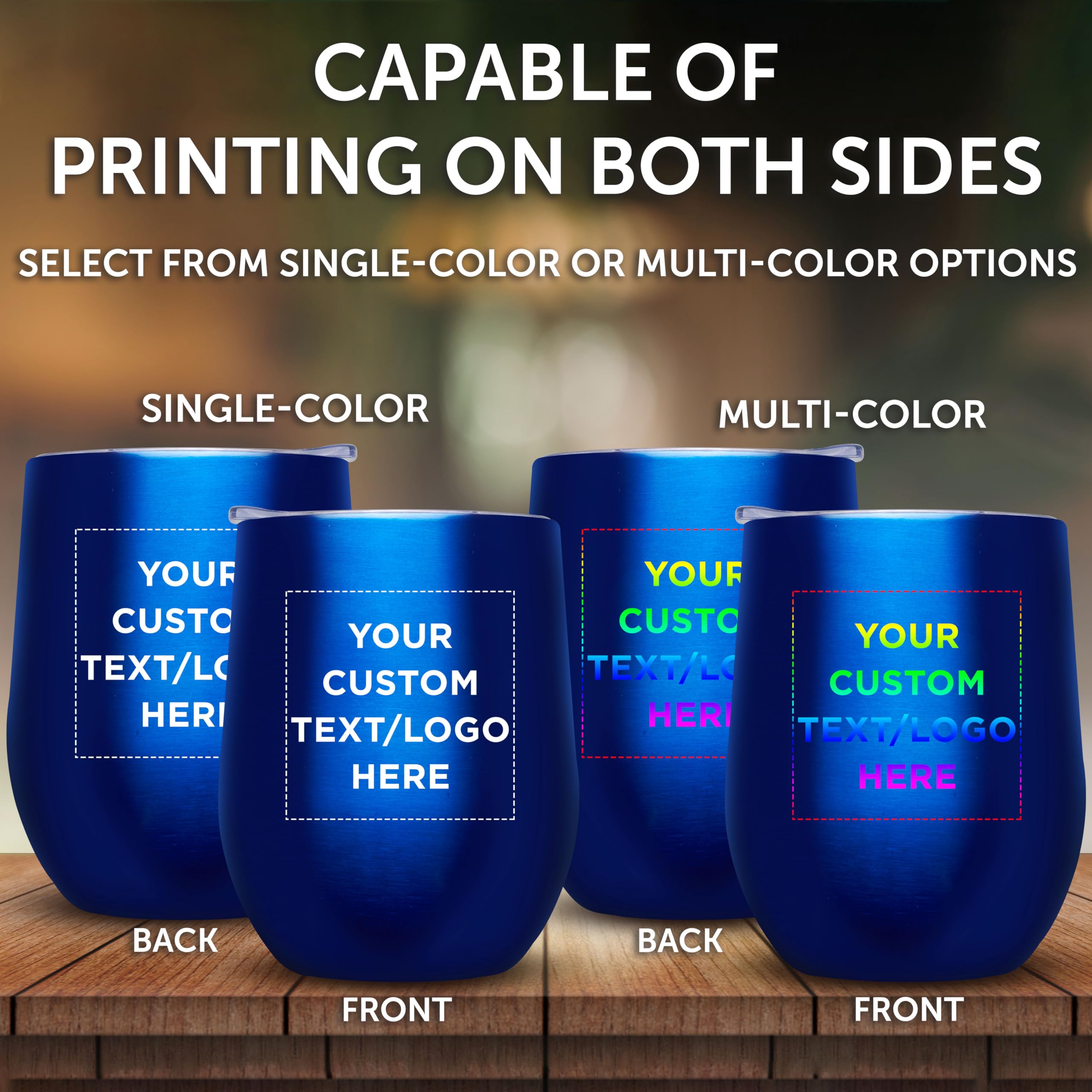 Custom 11 oz Stemless Wine Glasses with Lids - Set of 24 Personalized Tumblers for Wine, Cocktails & Beverages - Bulk Pack for Parties, Weddings & Events - Blue