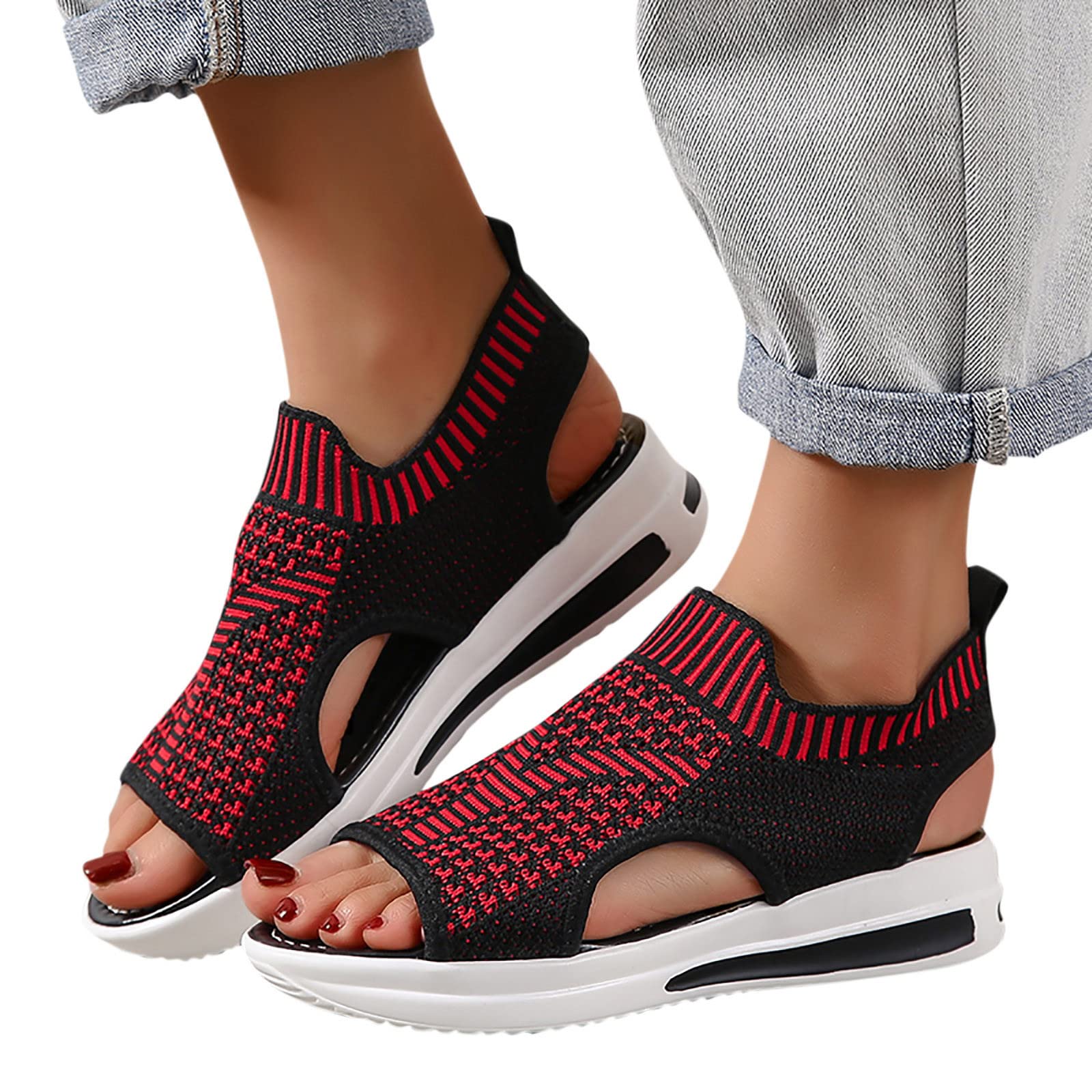 Women's Platform Knit Sandals - Cutout Fish Mouth Open Toe Summer Casual Slip-On Shoes | Breathable Comfort for Beach, Vacation & Everyday Wear