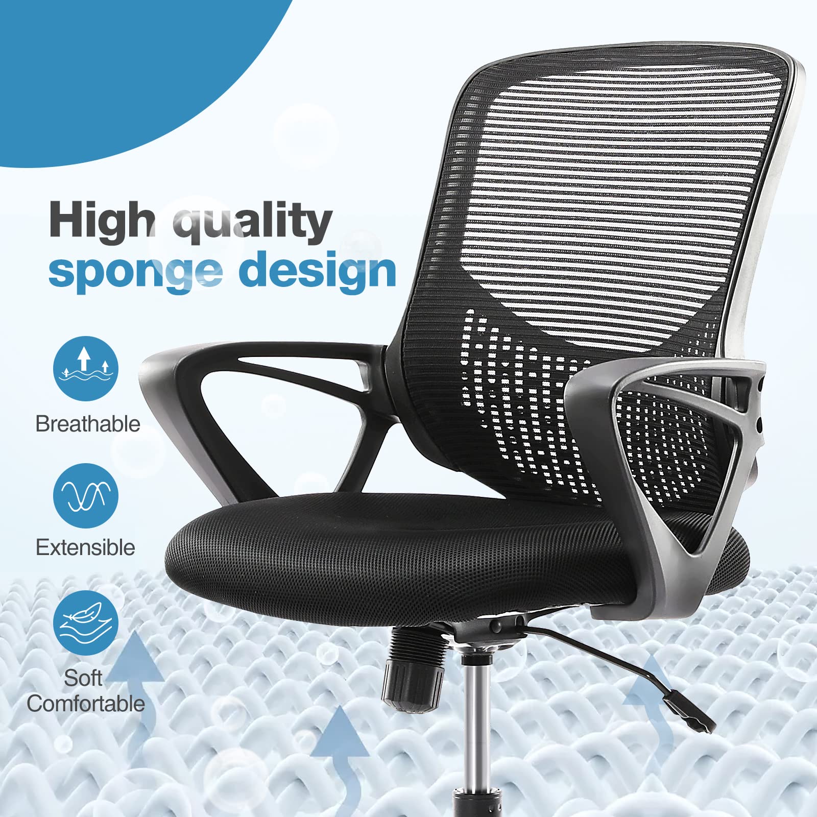 Ergonomic Home Office Chair with Lumbar Support - Adjustable Mesh Mid Back Computer Desk Chair, Swivel Rolling Task Chair with Armrests & Wheels, Black - Perfect for Long Work Hours, Gaming & Remote Work