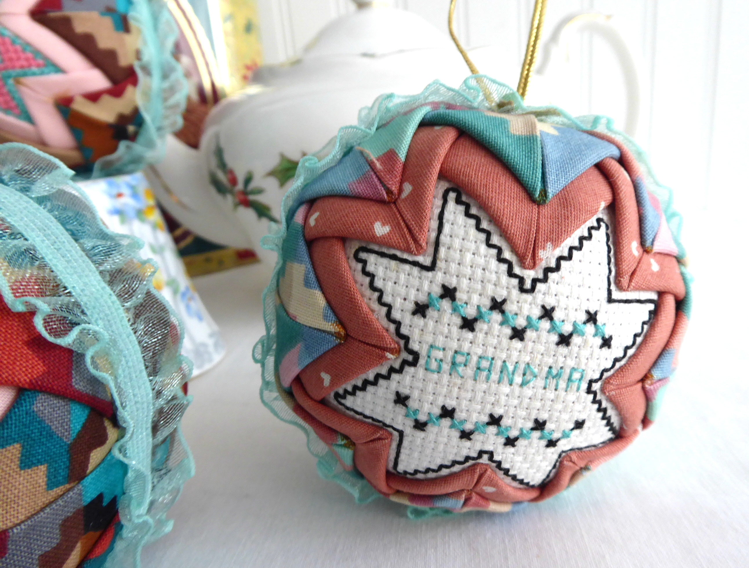 Handmade Cross Stitch Christmas Ornaments Set of 5 - Aqua, Salmon Pink & Burgundy Patchwork Decorations for Holiday Tree, Gift Giving & Festive Home Decor