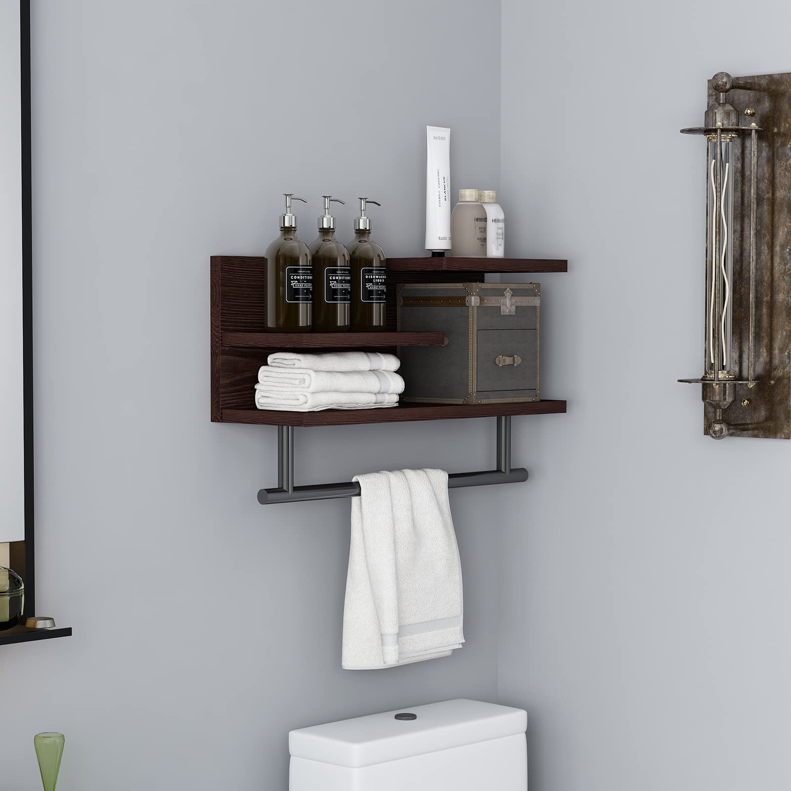 3-Tier Floating Shelf with Towel Bar - Wall Mounted Bathroom Storage Shelf for Towels & Decor - Space Saving Organizer for Kitchen, Bedroom, Living Room - 24 Inch White Wooden Shelf - Perfect for Small Bathrooms & Apartment Decor
