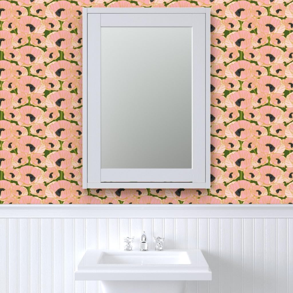 Removable Wallpaper Swatch - Pink Poppy Black Green Floral Art Nouveau Design | Pre-Pasted Peel & Stick Wallpaper by Spoonflower | Perfect for Nursery, Bedroom, or Home Office Decor