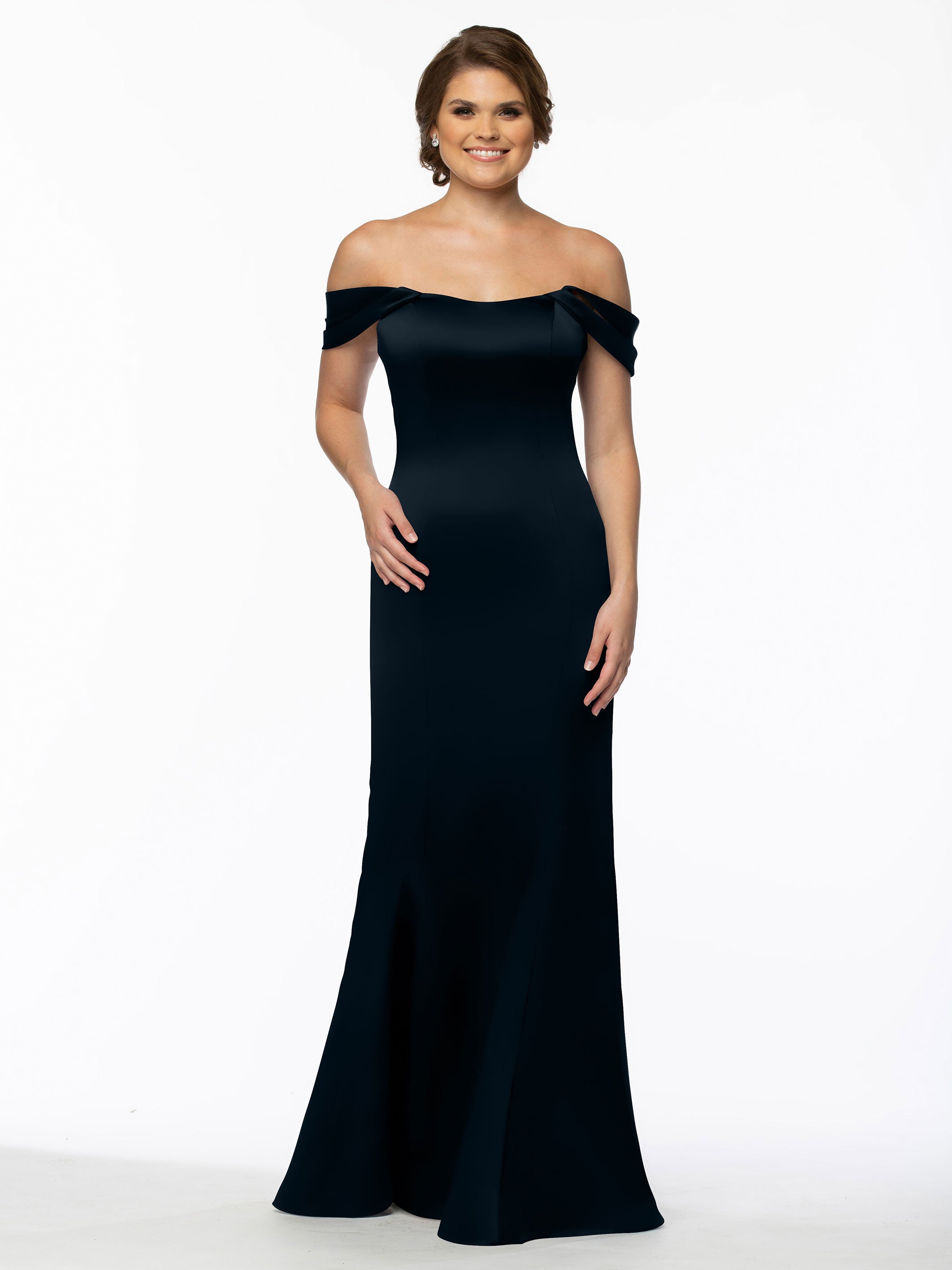 Elegant 80151 Fitted Satin Bridesmaid Dress with Off-The-Shoulder Sleeves - Perfect for Weddings, Formal Events & Special Occasions