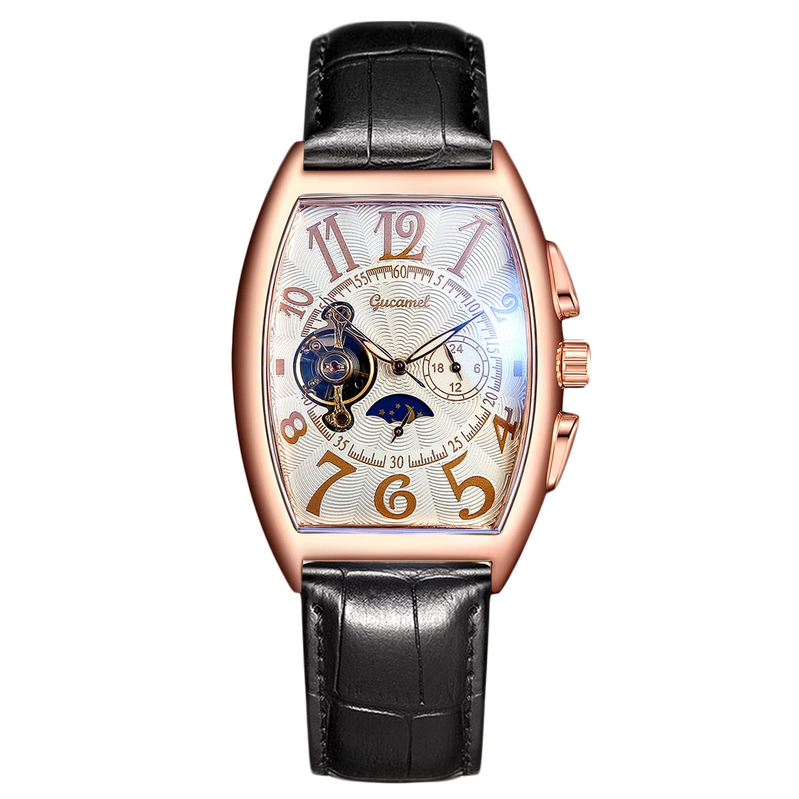 Premium RORIOS Men's Automatic Mechanical Watch with Genuine Leather Strap - Rose Gold & White Skeleton Dial Tourbillon Watch for Business & Formal Occasions