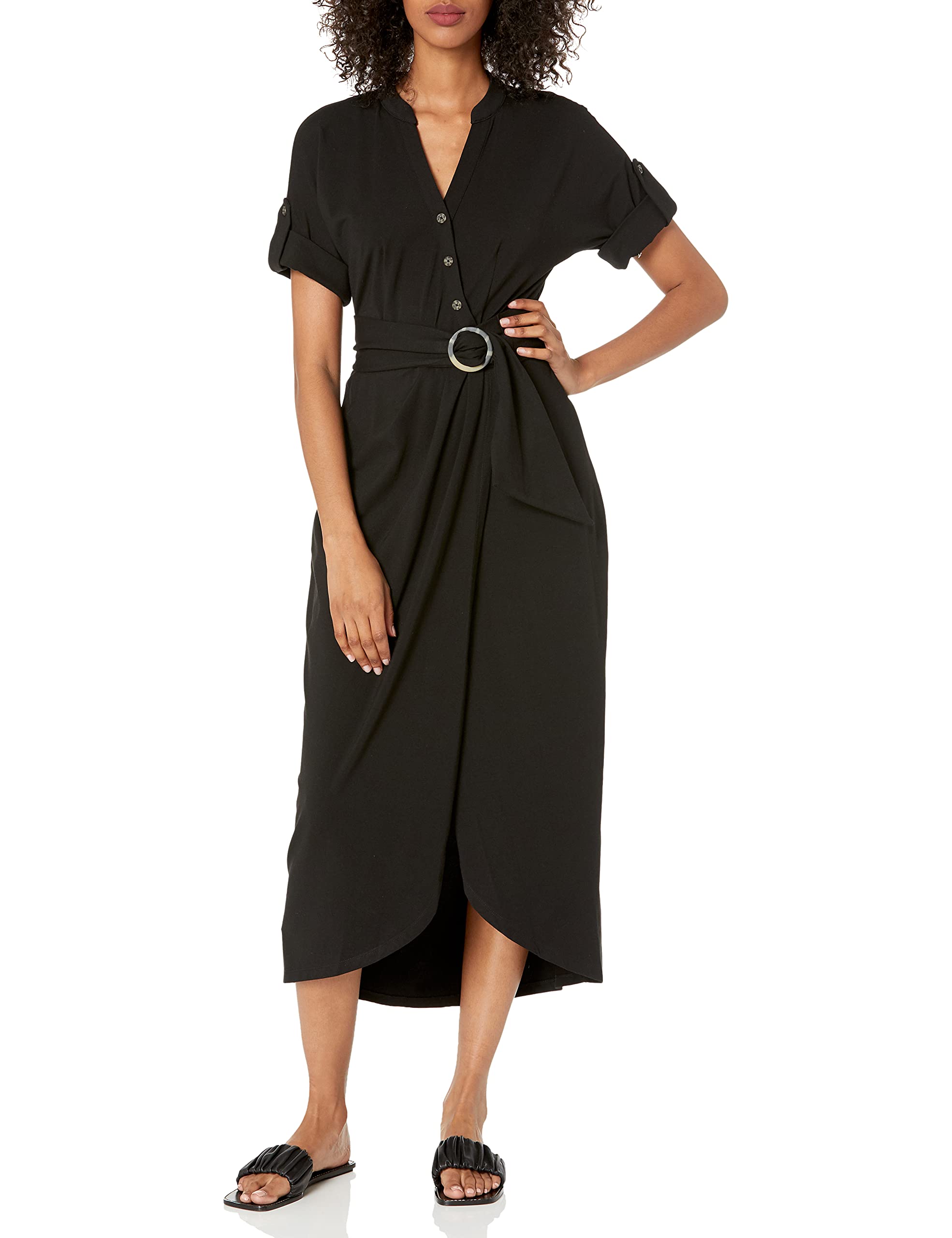 Karl Lagerfeld Paris Women's Linen Midi Dress - Flowy Summer Dress with Short Sleeves, Size 10 in Banana Yellow | Perfect for Beach Vacations, Garden Parties & Casual Outings