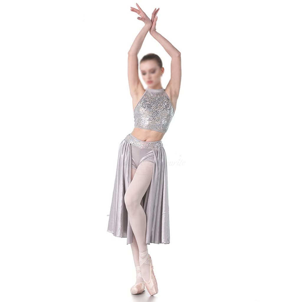 Grey Sequin Lace Dance Costume with Elastic Midriff - Ballet, Lyrical & Contemporary Performance Dress (Color: Grey, Size: MA) | Perfect for Dance Competitions, Recitals & Stage Performances