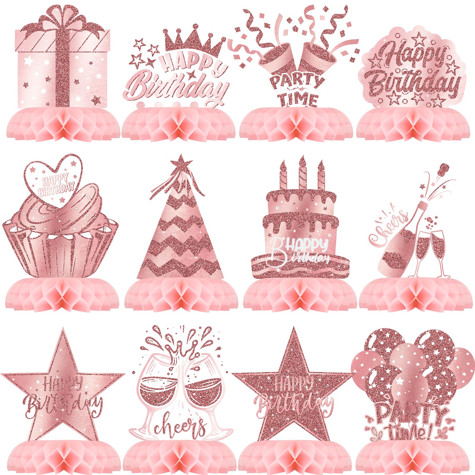12Pcs Pink Rose Gold Honeycomb Party Decorations - Elegant Birthday Table Toppers for Women | Perfect for Bridal Showers, Baby Showers & Anniversary Celebrations
