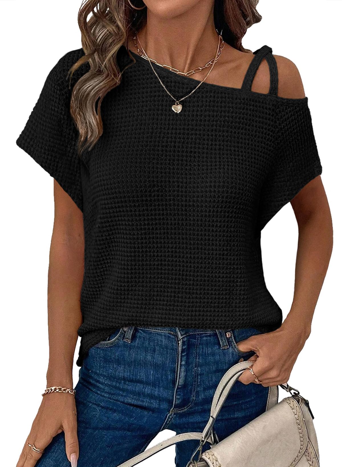 Dokotoo Women's Summer One Shoulder Waffle Knit Short Sleeve T-Shirt - Casual Lightweight Solid Color Blouse for Beach, Vacation & Everyday Wear