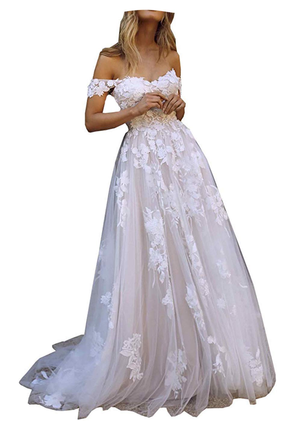 Elegant Off Shoulder Boho Wedding Dress with Lace Appliques for Women – Perfect for Beach, Garden & Vintage Themed Ceremonies