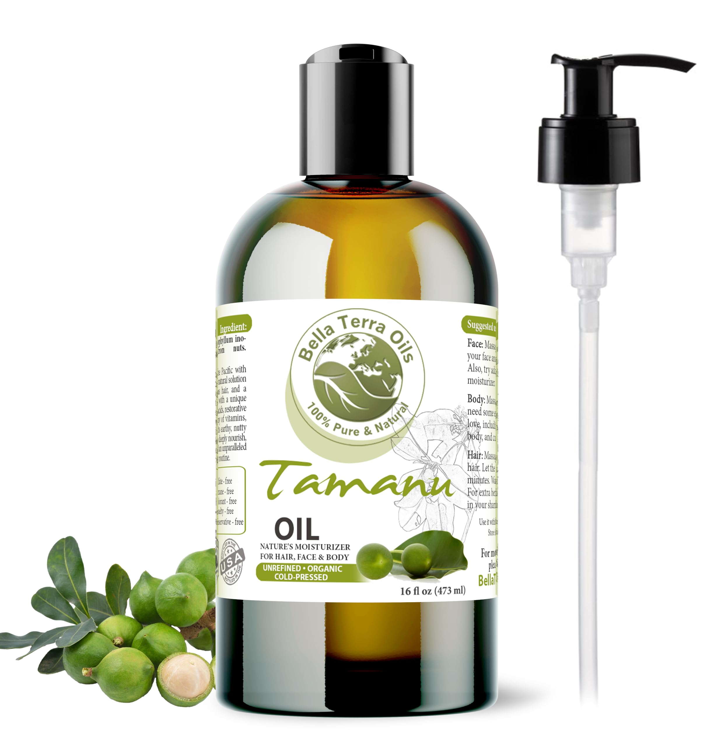 Organic Tamanu Oil 16oz by Bella Terra - 100% Pure Cold-Pressed for Radiant Skin & Hair - Rich in Nutrients & Vitamins - Perfect for Skincare, Hair Care & Natural Remedies